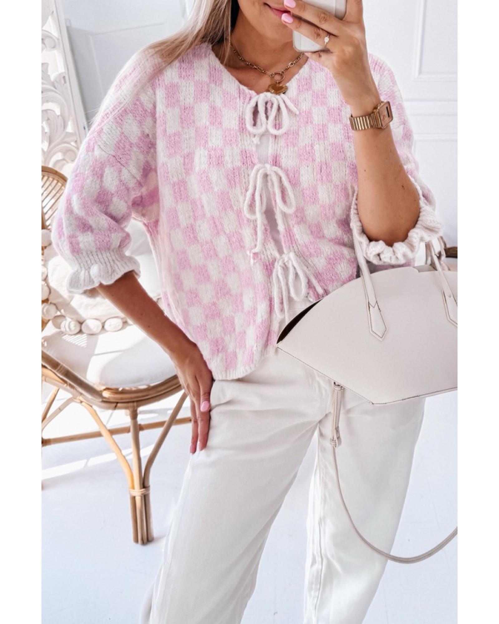 V539-AZEXDC2712018-P1010-XL-202508281945-00 Light Pink Checkered Knitted Lace-up Ruffled 3/4 Sleeve Cardigan - XL - Image 1