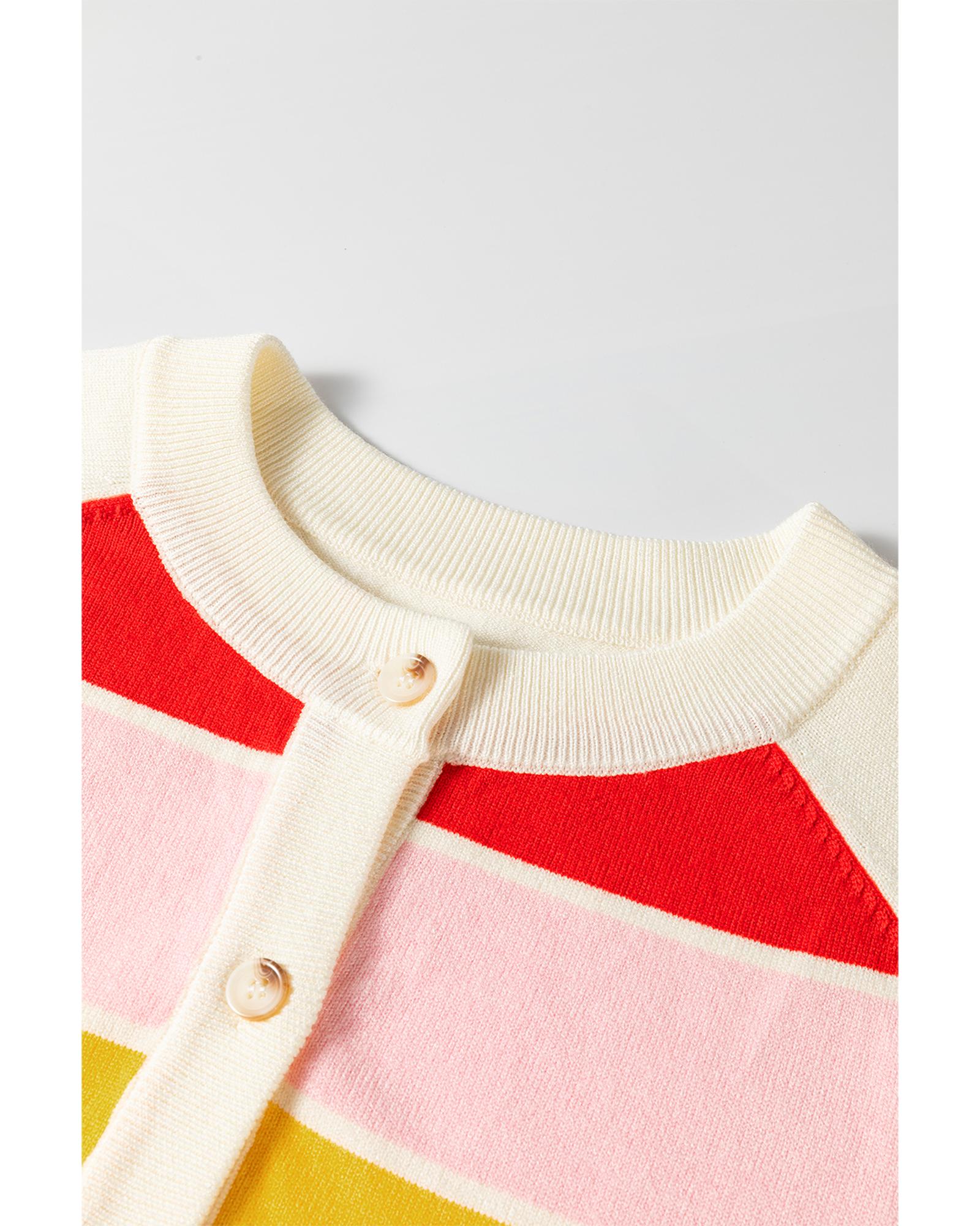 V539-AZEXDC2712031-P119-M-202508290210-00 White Stripe Colorful Pattern Button Front Sweater Cardigan - M - Image 1