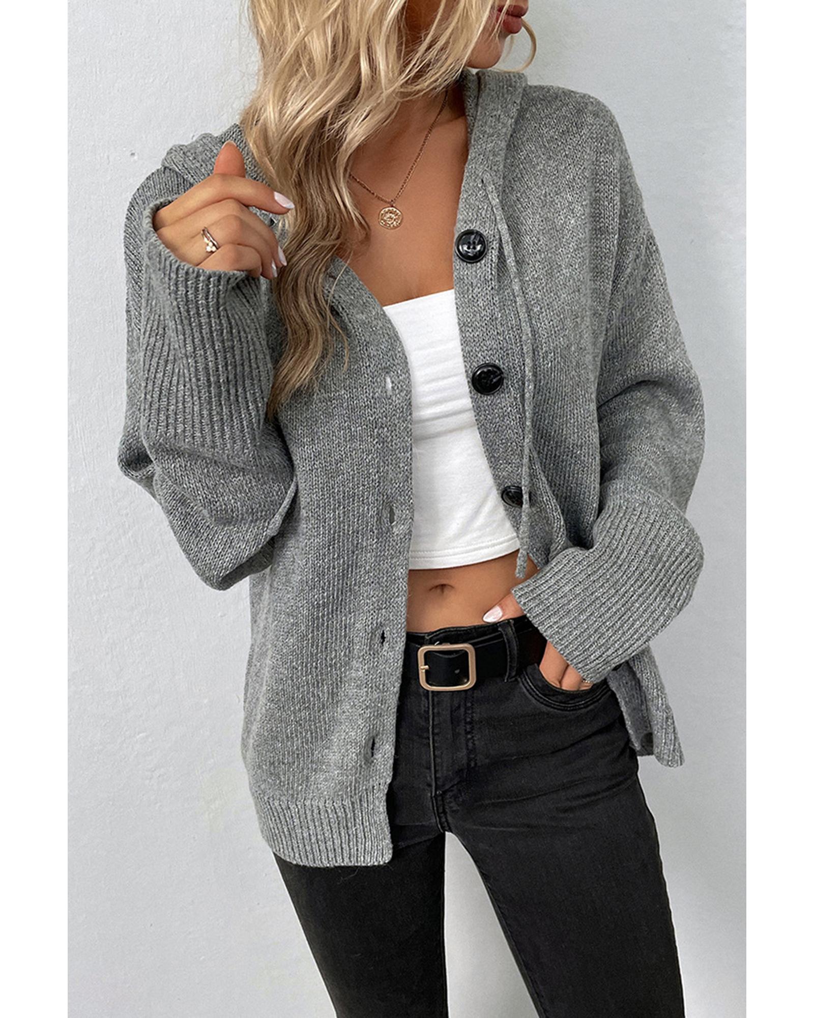 V539-AZEXDC2712109-P3011-S-202506131922-00 Medium Grey Drawstring Hooded Button Up Drop Shoulder Sweater Cardigan - S - Image 1