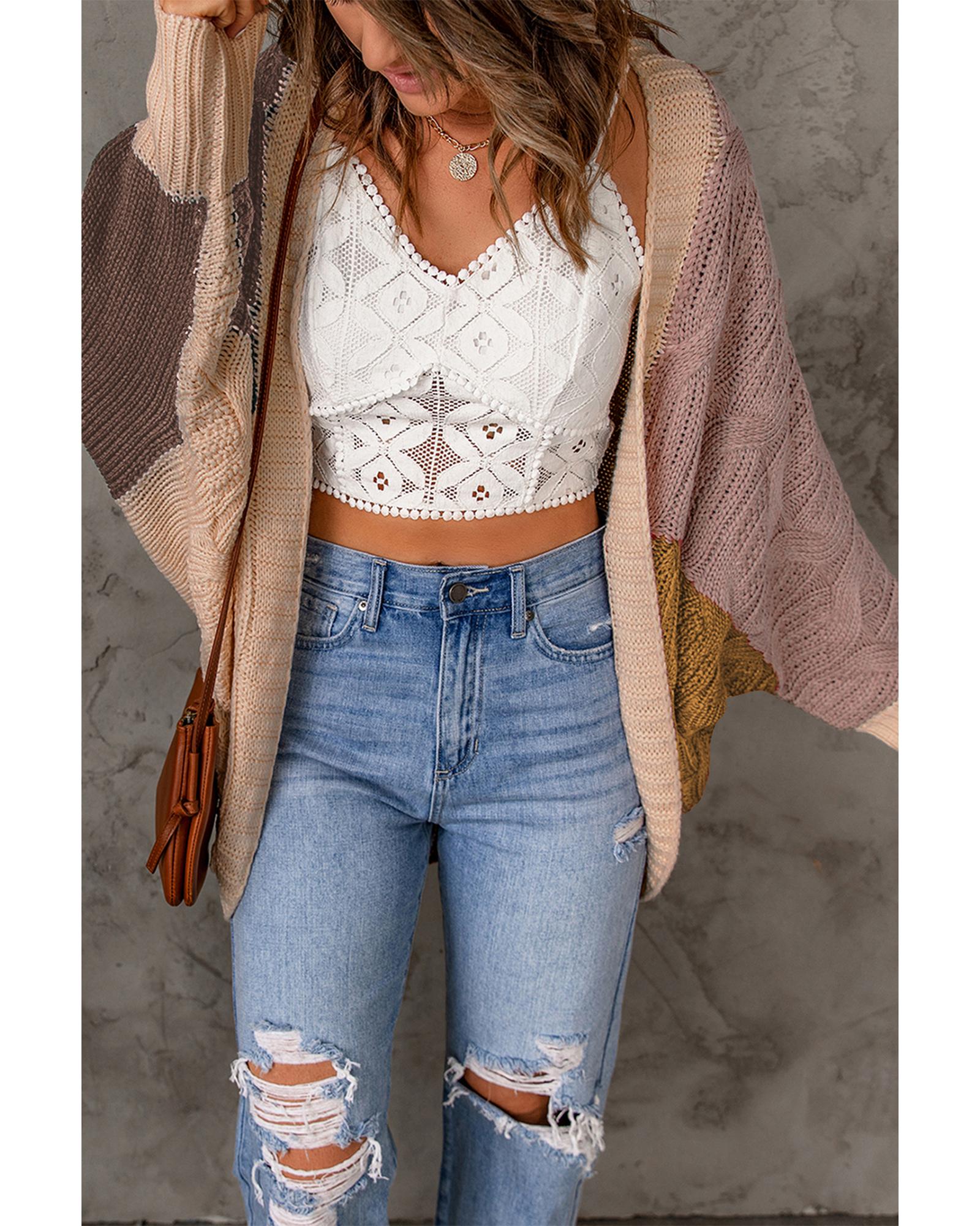 V539-AZEXDC271624-17-2XL-202508290220-00 Brown Color Block Loose Open Front Knitted Cardigan - 2XL - Image 1