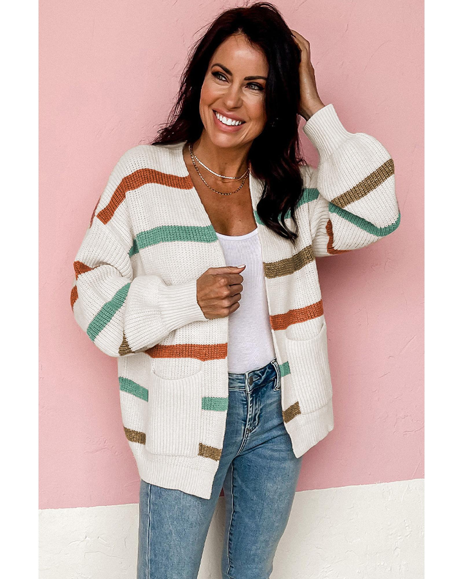 V539-AZEXDC271719-15-2XL-202506131947-00 Azura Exchange Beige Drop Shoulder Pocketed Stripe Sweater Cardigan - 2XL - Image 1