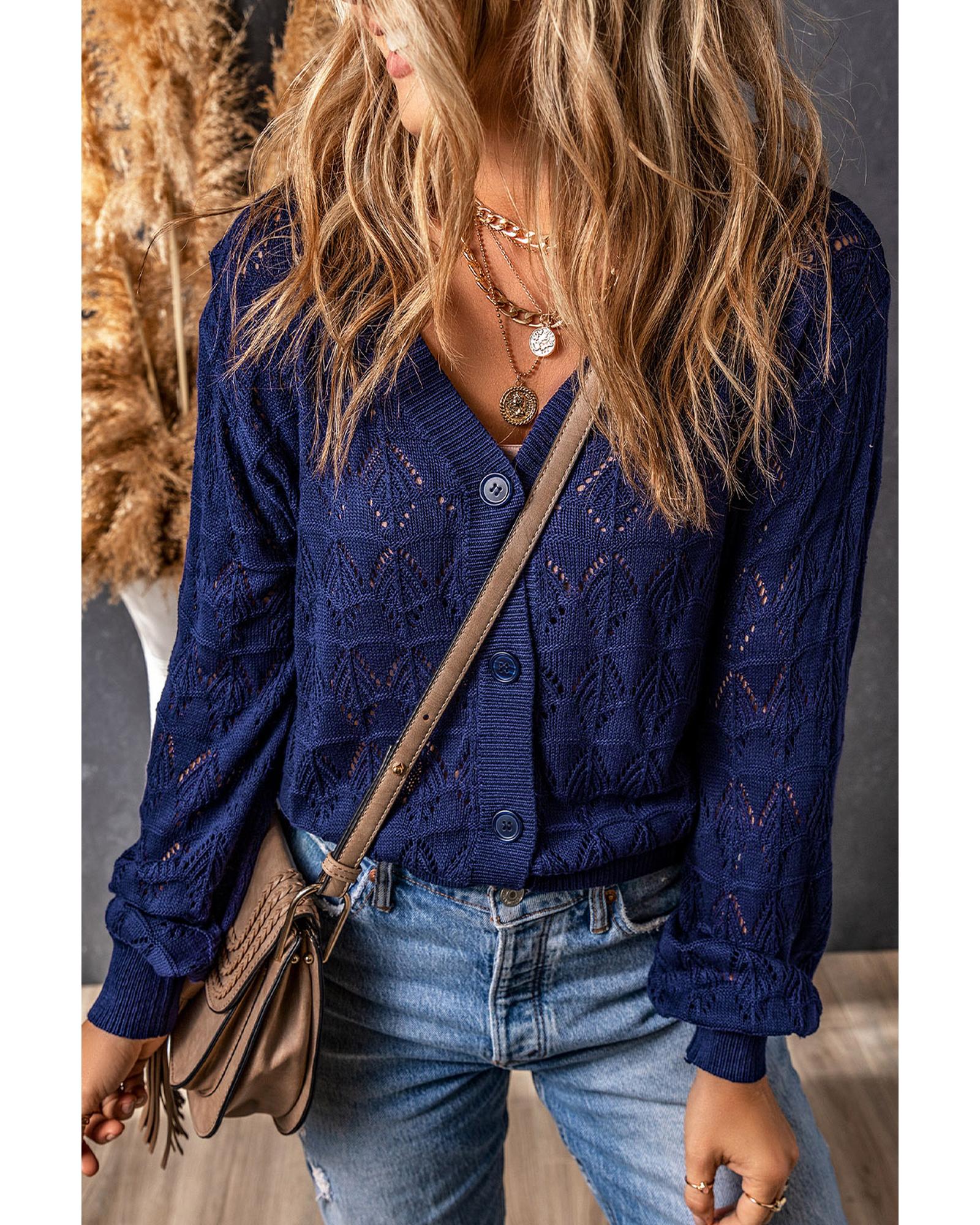 V539-AZEXDC271897-5-2XL-202508291830-00 Blue Lightweight Buttoned Front Crochet Cardigan - 2XL - Image 1