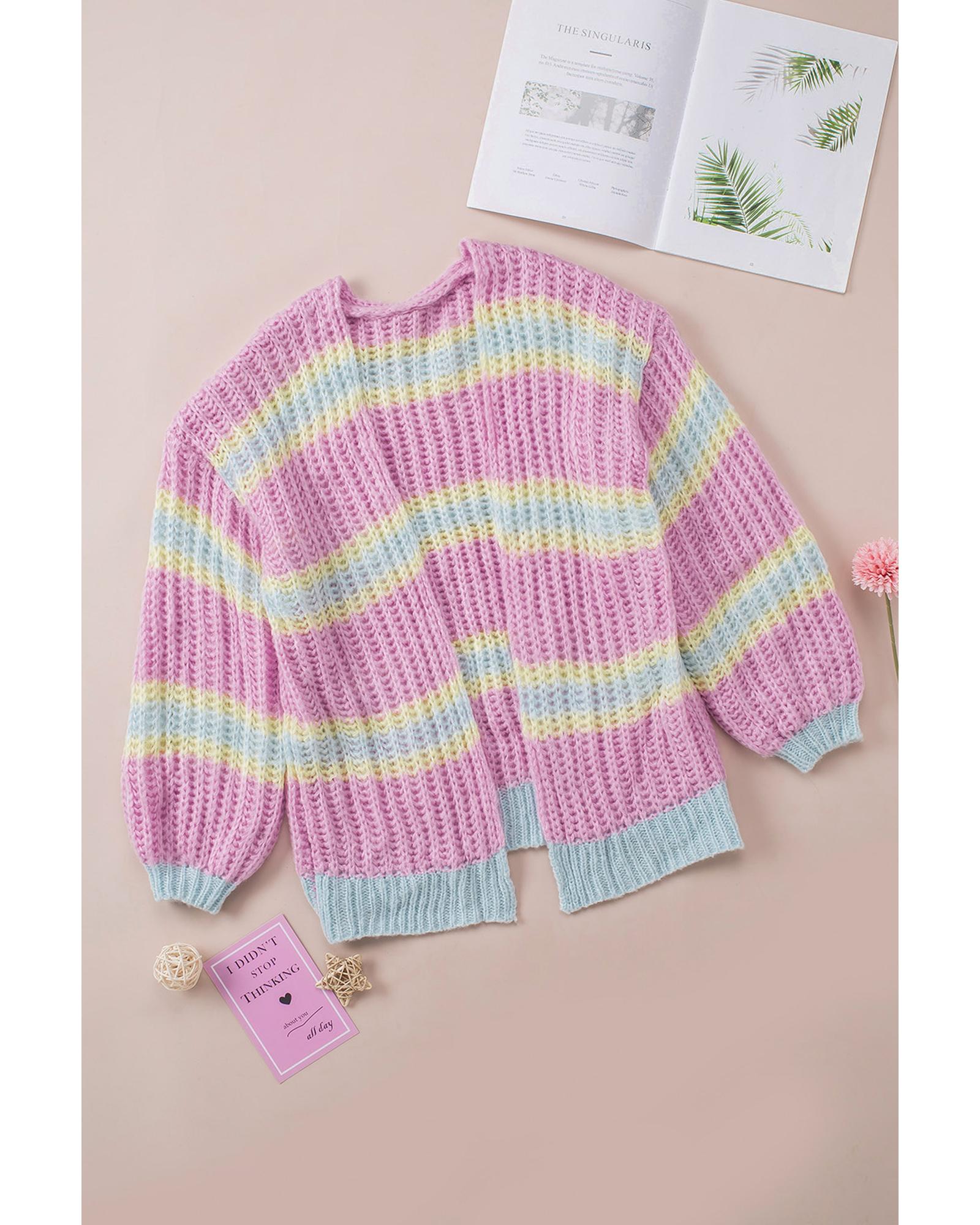 V539-AZEXDC271920-10-S-202506132035-00 Pink Contrast Striped Open Front Cable Cardigan - S - Image 1