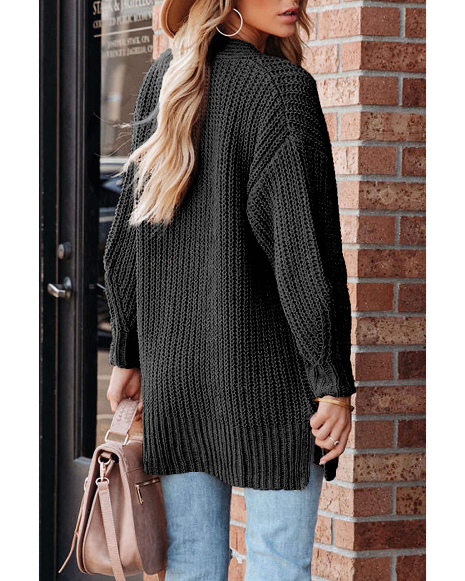 V539-AZEXDC271924-2-M-202508292130-00 Black Buttoned Front Drop Shoulder Knitted Cardigan - M - Image 1