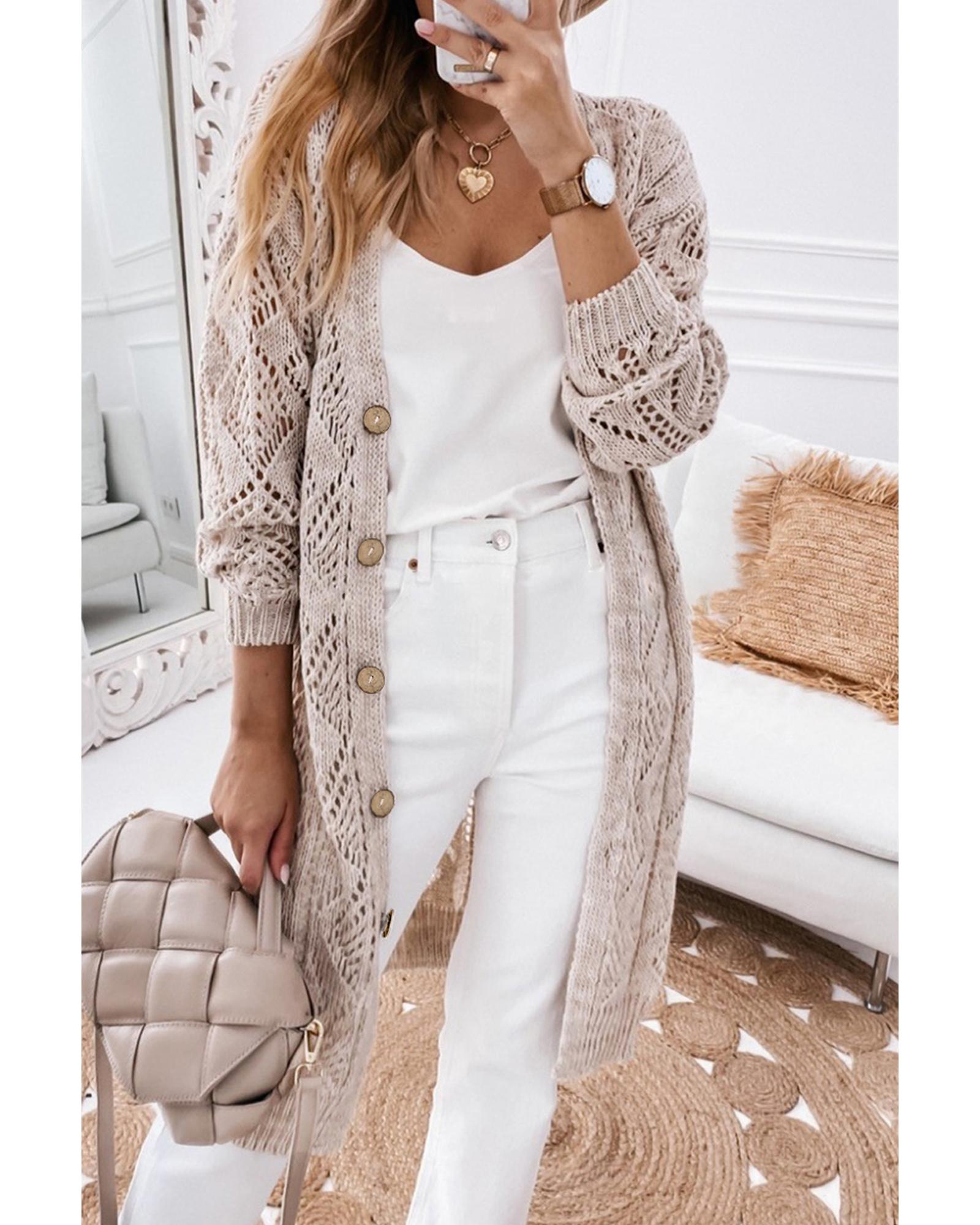 V539-AZEXDC271948-16-XL-202508280605-00 Azura Exchange Khaki Hollow-out Openwork Knit Cardigan - XL - Image 1