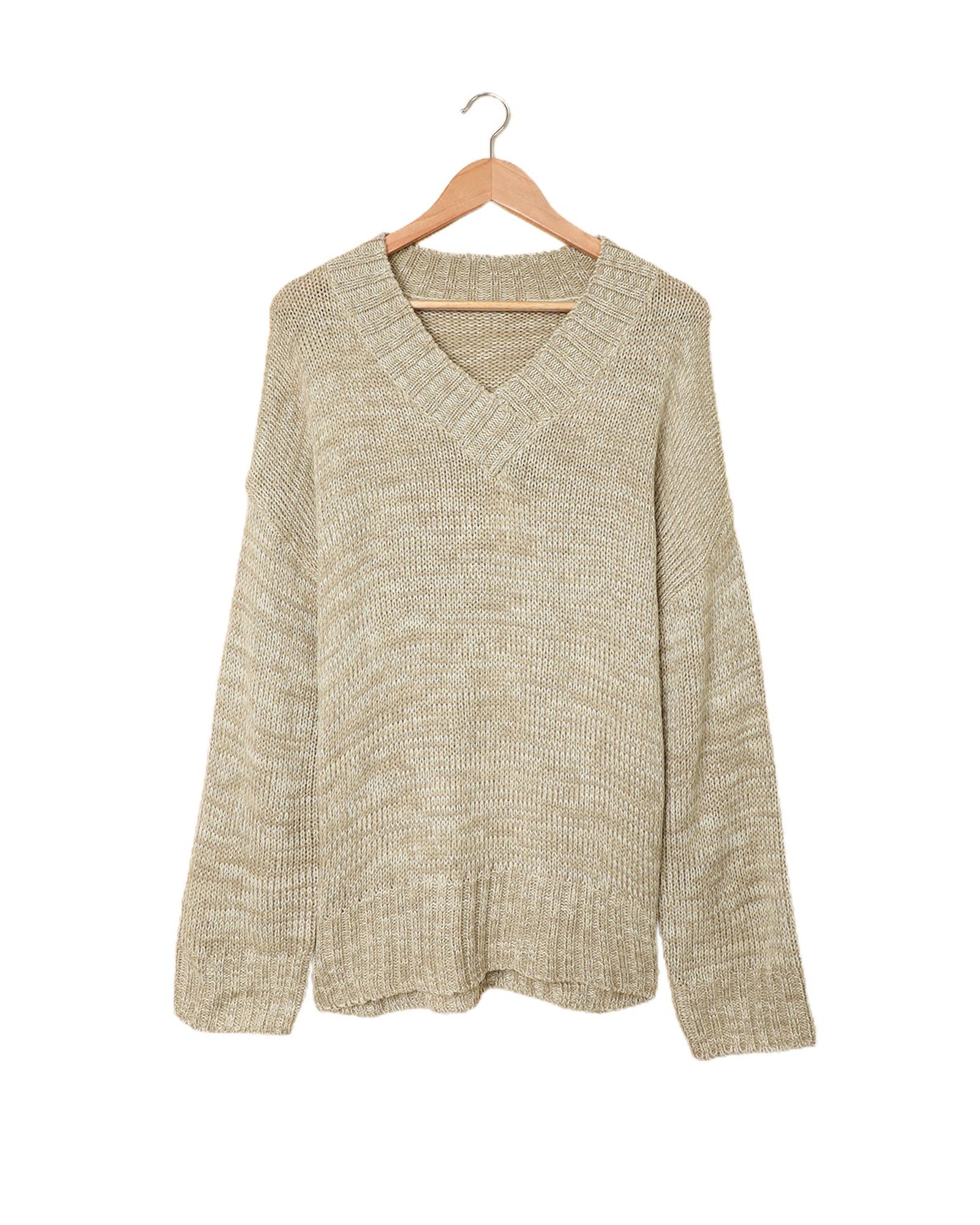 V539-AZEXDC2721139-11-2XL-202508290100-00 Gray V neck Drop Shoulder Knitted Sweater - 2XL - Image 1