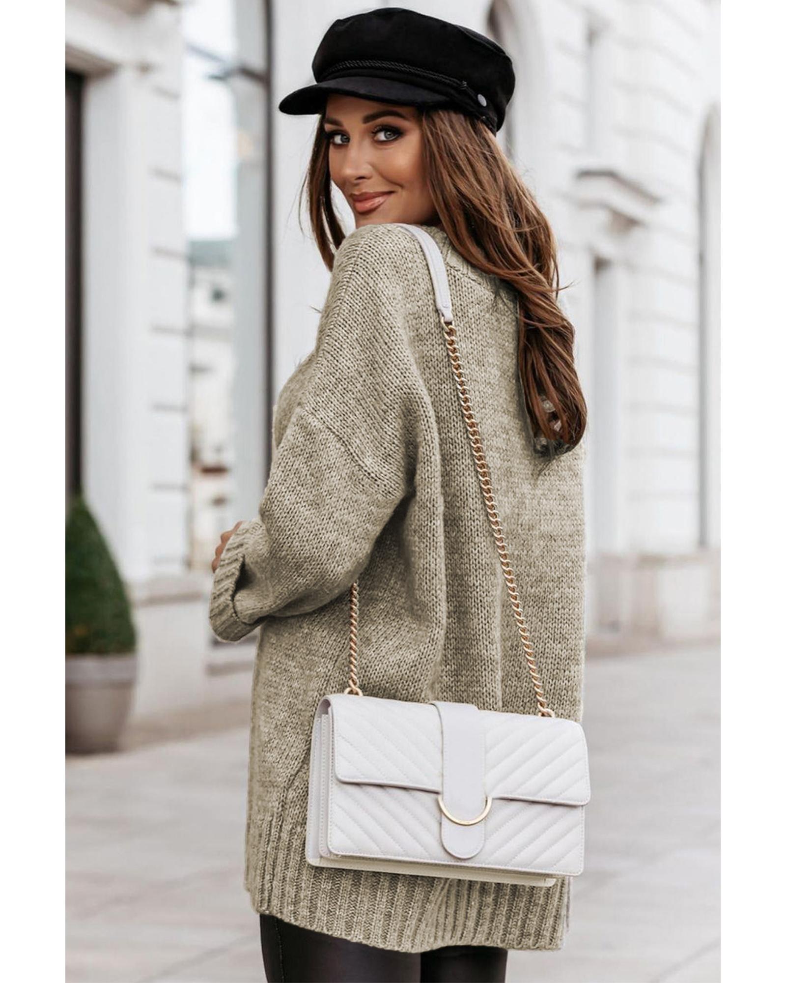 V539-AZEXDC2721139-11-M-202508291345-00 Gray V neck Drop Shoulder Knitted Sweater - M - Image 1