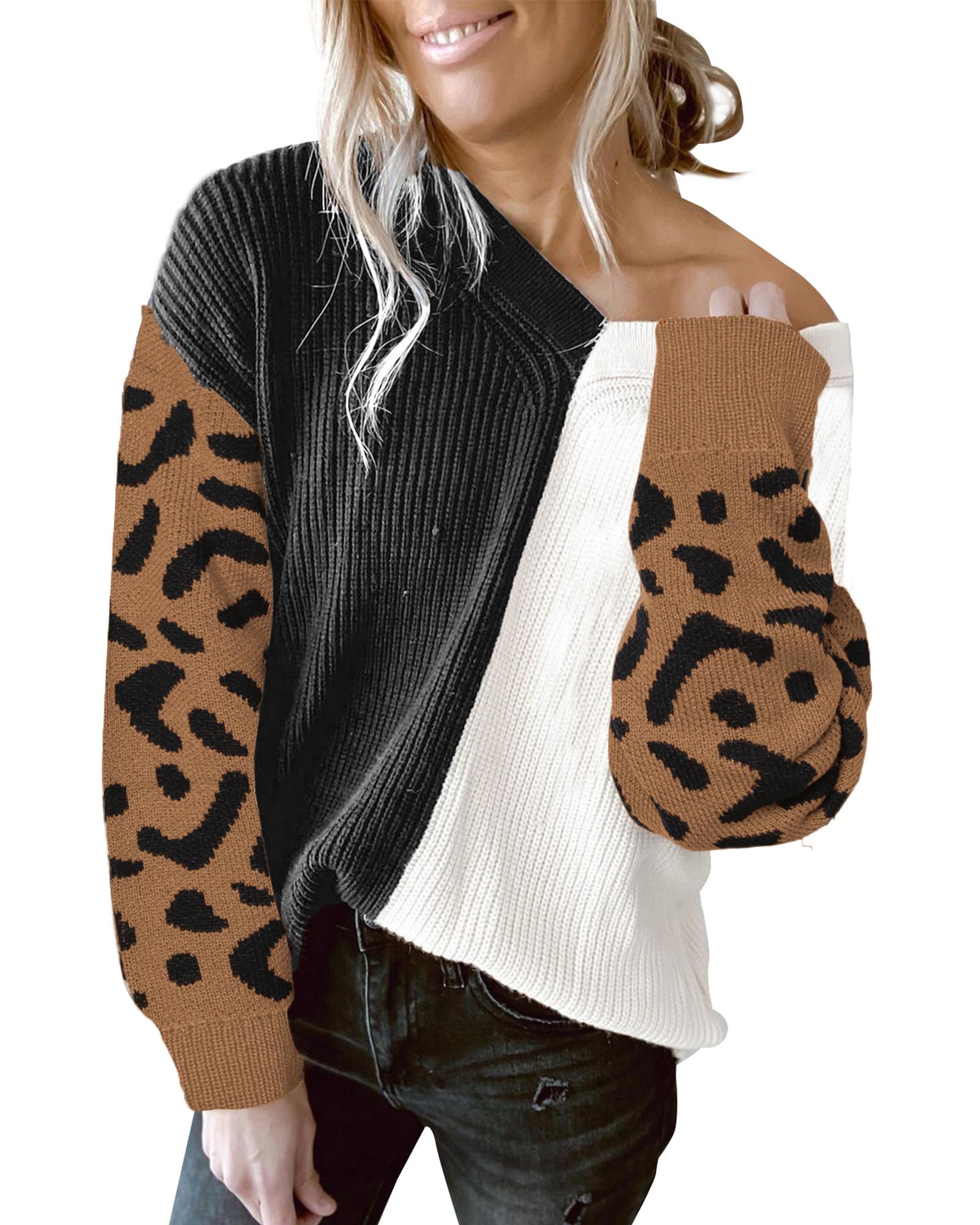 V539-AZEXDC2721180-20-S-202506132146-00 Azura Exchange Leopard Print Contrast Color V Neck Sweater - S - Image 1