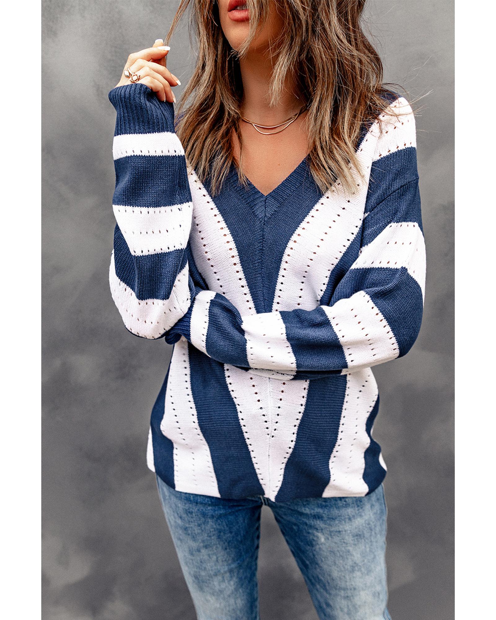 V539-AZEXDC272144-5-XL-202508282055-00 Blue Striped Colorblock V Neck Knitted Sweater - XL - Image 1