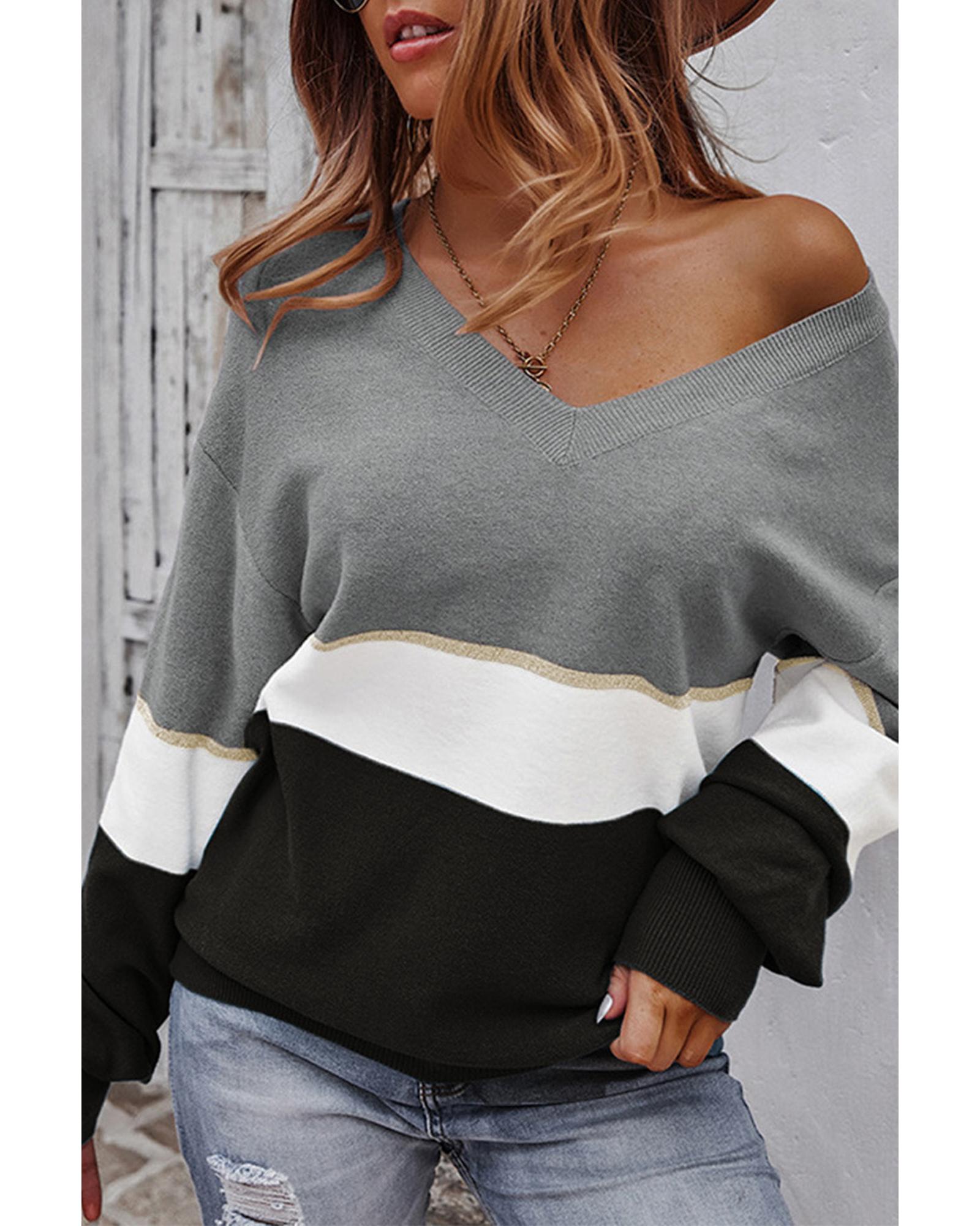 V539-AZEXDC2721664-11-2XL-202508292005-00 Gray Colorblock V Neck Sweater - 2XL - Image 1