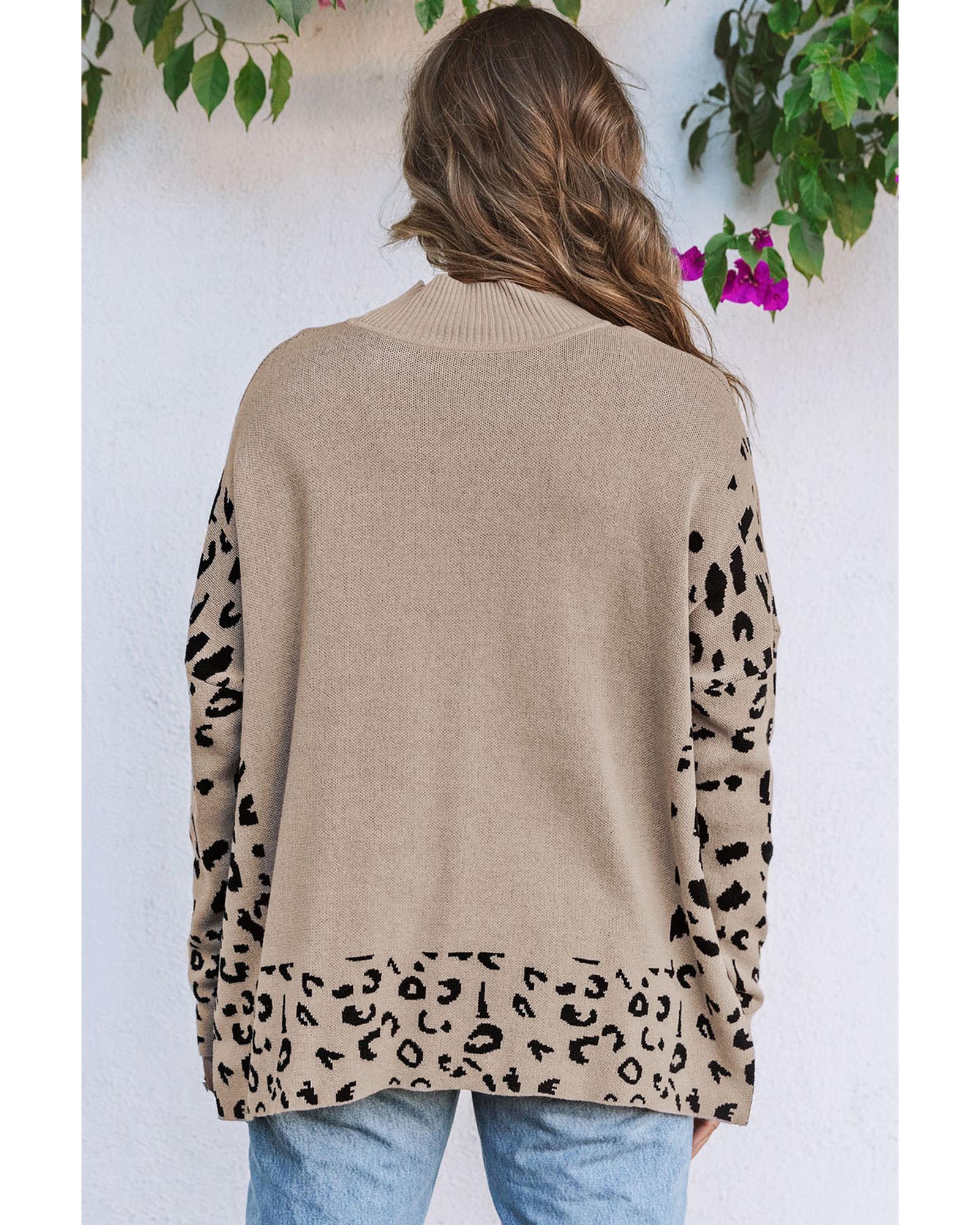 V539-AZEXDC2722386-16-M-202508290050-00 Khaki Leopard High Neck Side Slit Oversized Sweater - M - Image 1