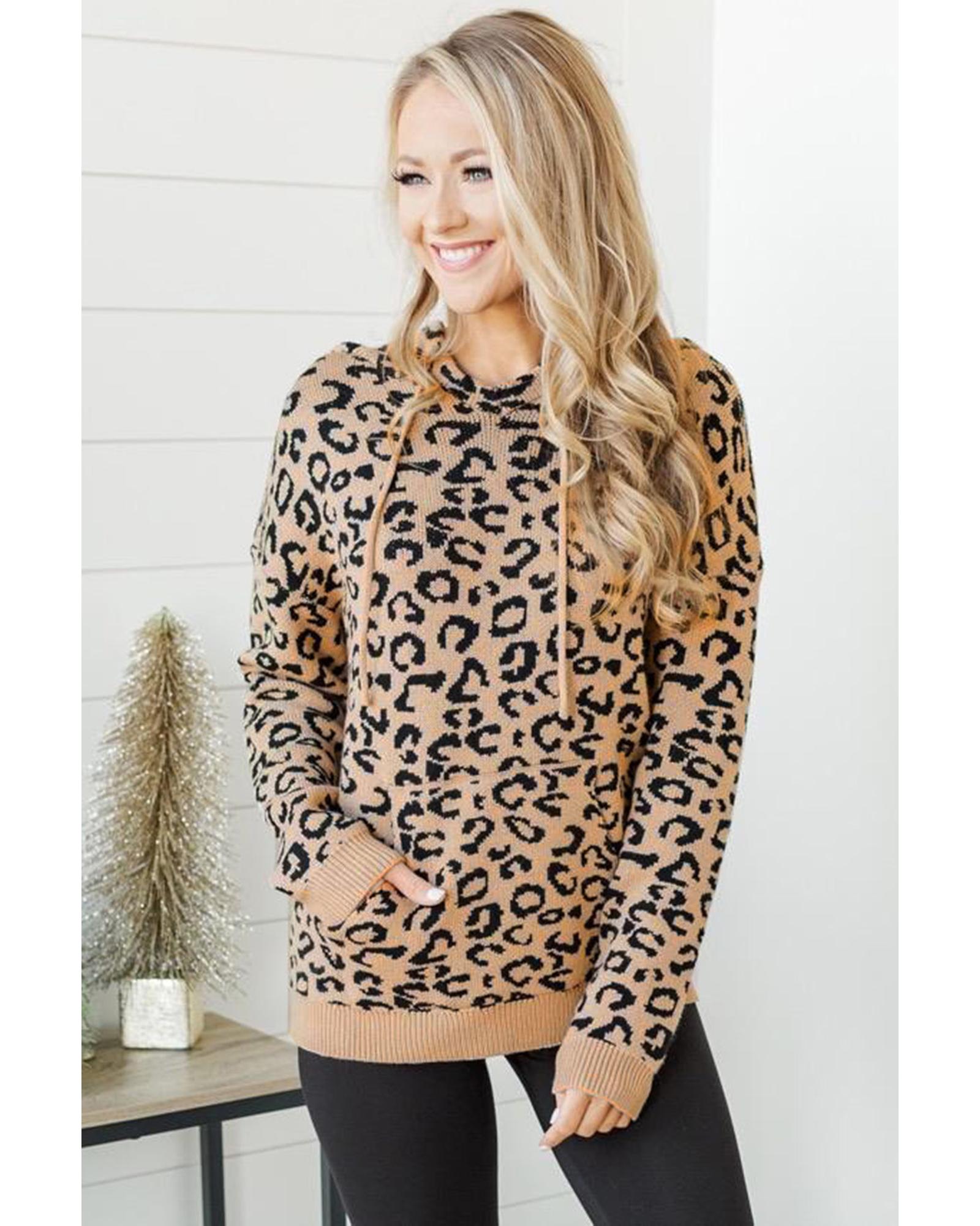 V539-AZEXDC2722464-16-L-202508291525-00 Khaki Leopard Knitted Drawstring Hooded Sweater - L - Image 1