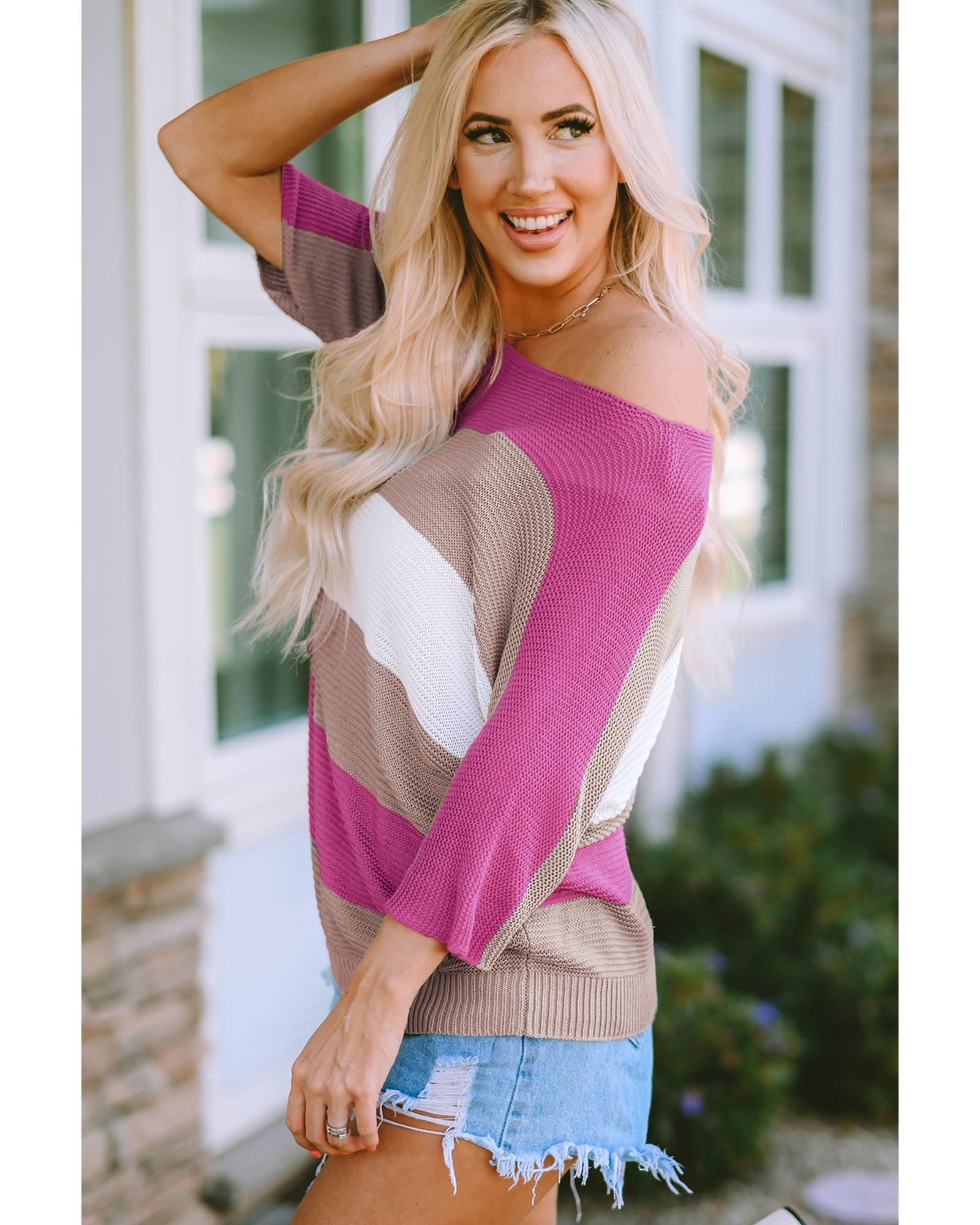 V539-AZEXDC2722885-6-L-202508252000-00 Azura Exchange Half Sleeve Contrast Stripe Knit Sweater - L - Image 1