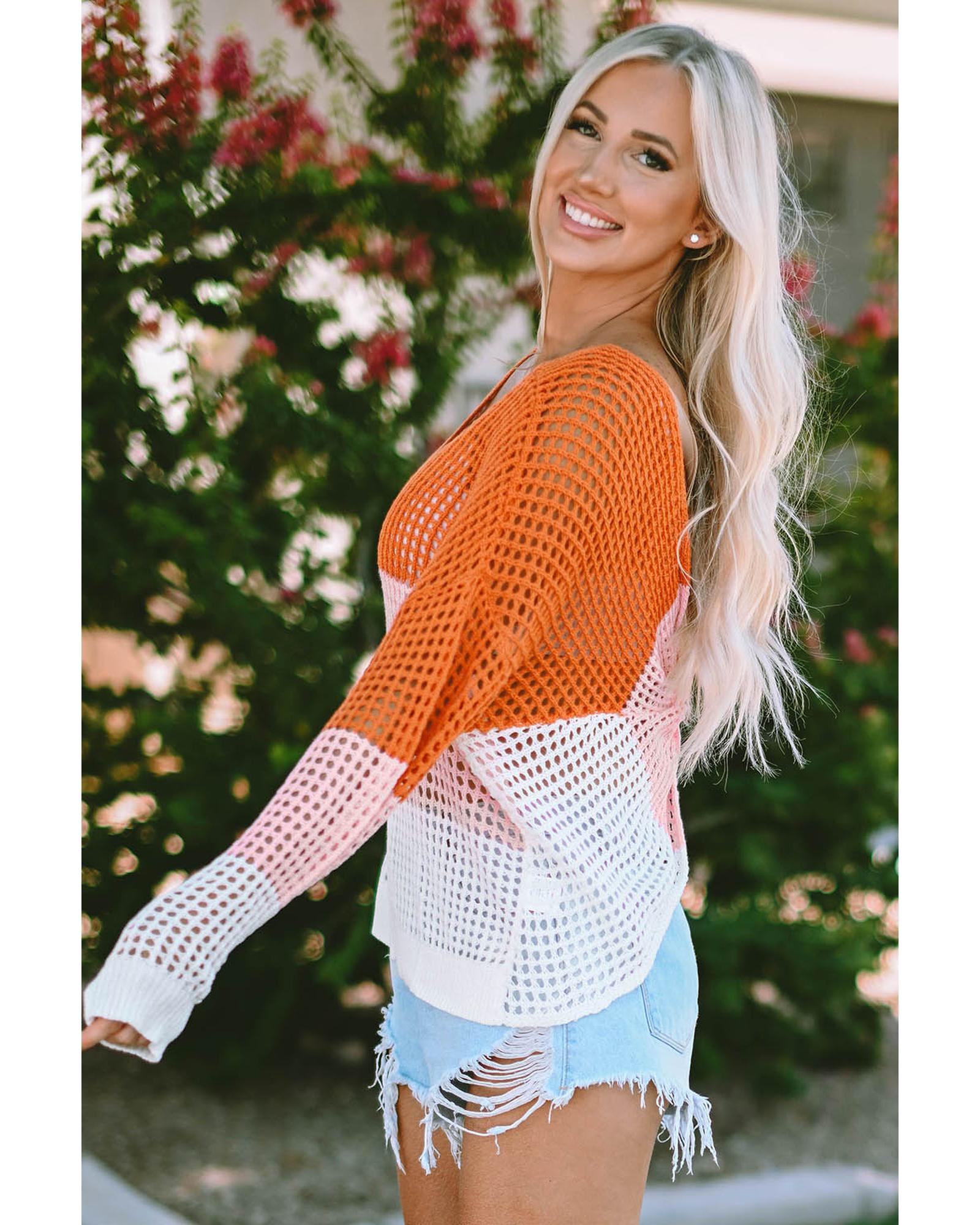 V539-AZEXDC2722903-22-L-202508290745-00 Azura Exchange Eyelet Knit Top with Twisted Back and Color Block Design - L - Image 1