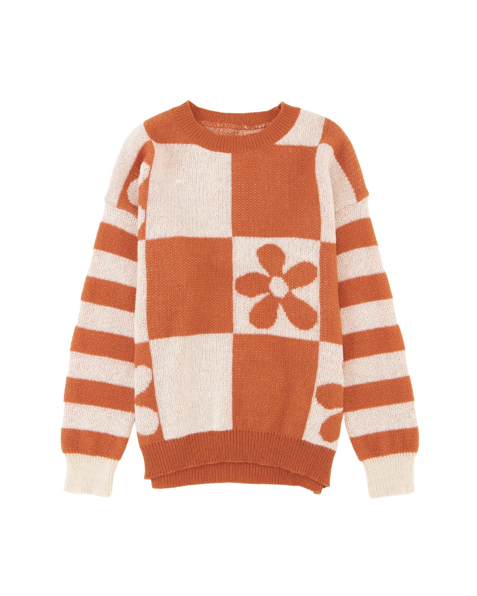 V539-AZEXDC2722989-17-S-202506132041-00 Brown Checkered Floral Print Striped Sleeve Sweater - S - Image 1