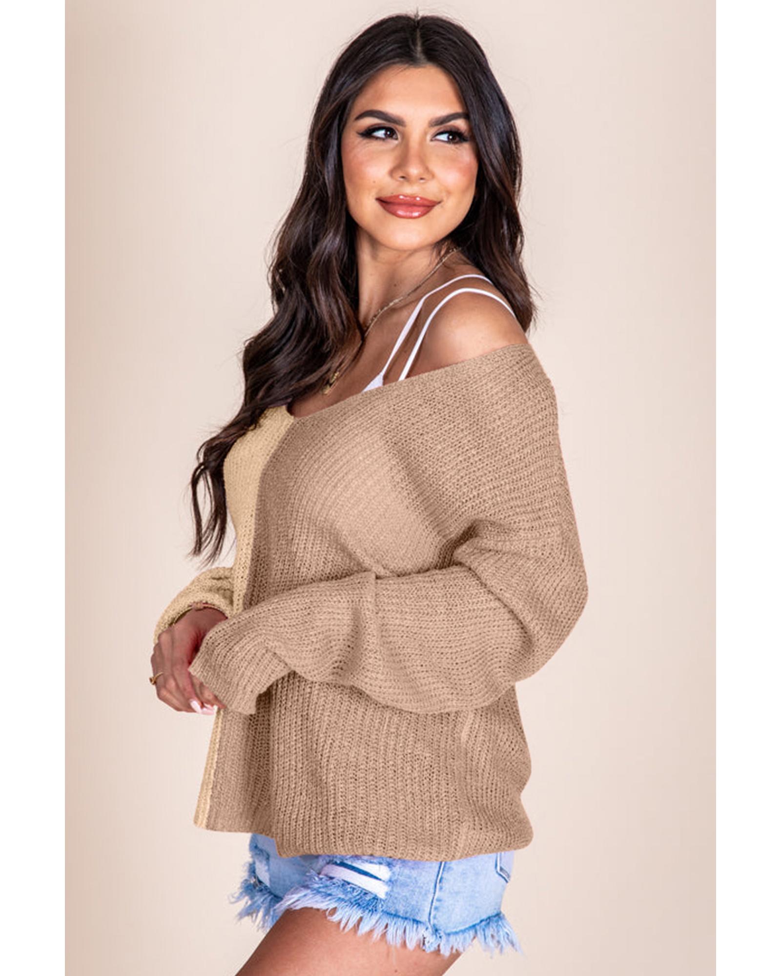 V539-AZEXDC2723030-16-M-202508290140-00 Khaki Long Sleeve V-Neck Colorblock Sweater - M - Image 1