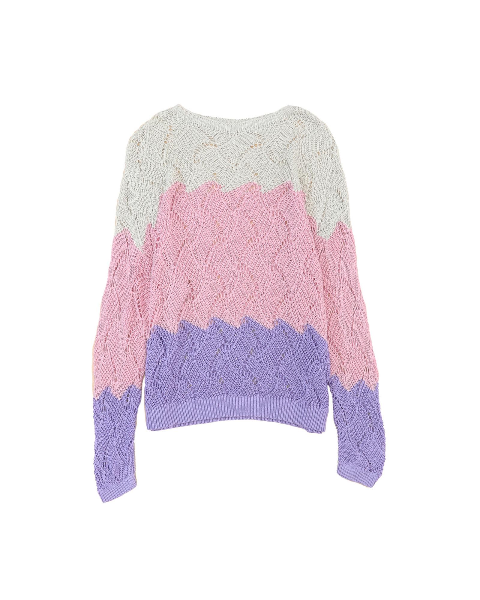 V539-AZEXDC2723066-10-XL-202508291635-00 Pink Color Block Hollow Knitted Loose Sweater - XL - Image 1