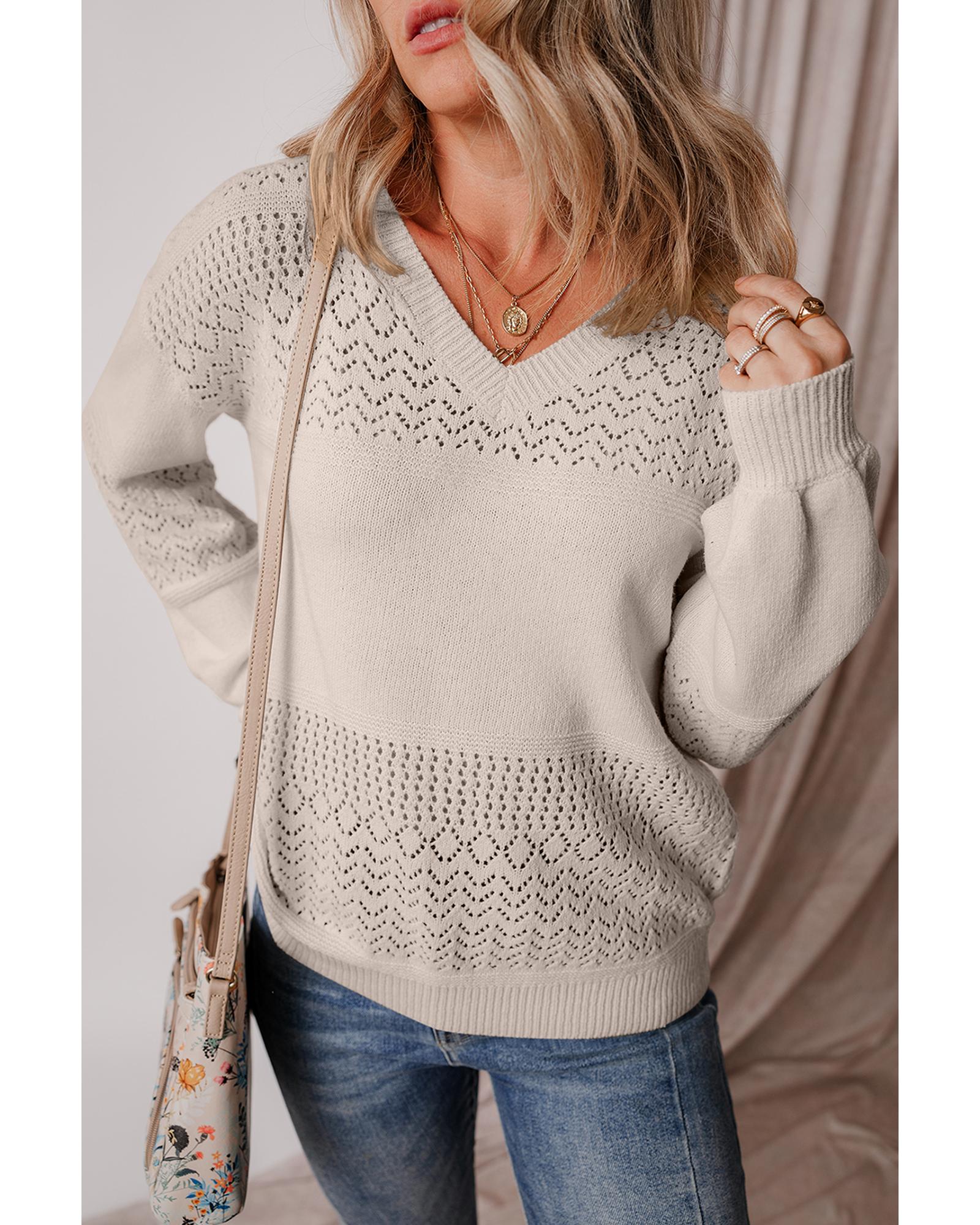 V539-AZEXDC2723137-17-L-202508280435-00 Brown Eyelet Pattern Detail V Neck Drop Shoulder Sweater - L - Image 1