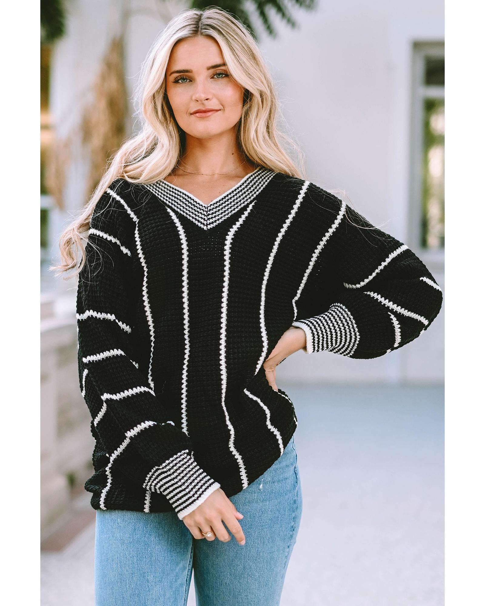 V539-AZEXDC2723152-2-M-202508280500-00 Black Colorblock Striped V Neck Knitted Loose Sweater - M - Image 1