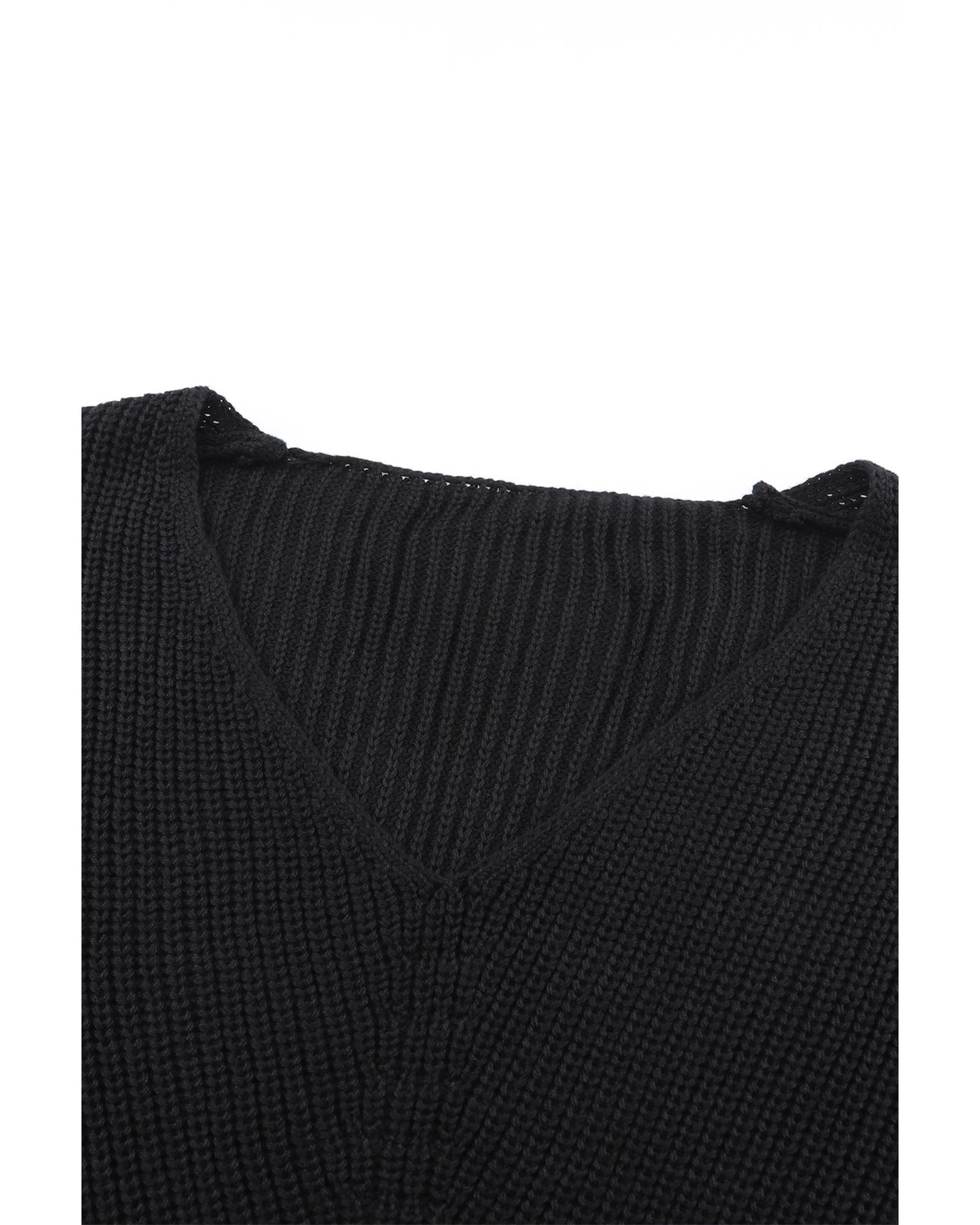 V539-AZEXDC2723165-2-S-202506132212-00 Black Ribbed Knit V Neck Sweater - S - Image 1