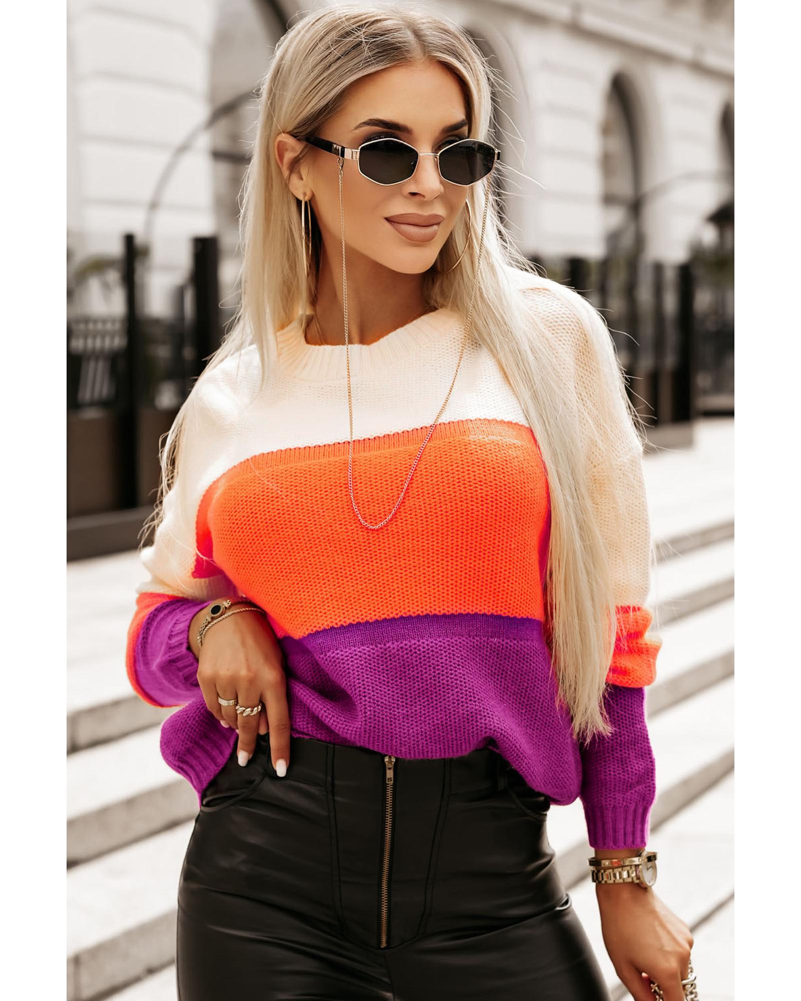 V539-AZEXDC2723194-22-S-202506131753-00 Azura Exchange Multicolor Color Block Drop Shoulder Round Neck Knit Sweater - S - Image 1