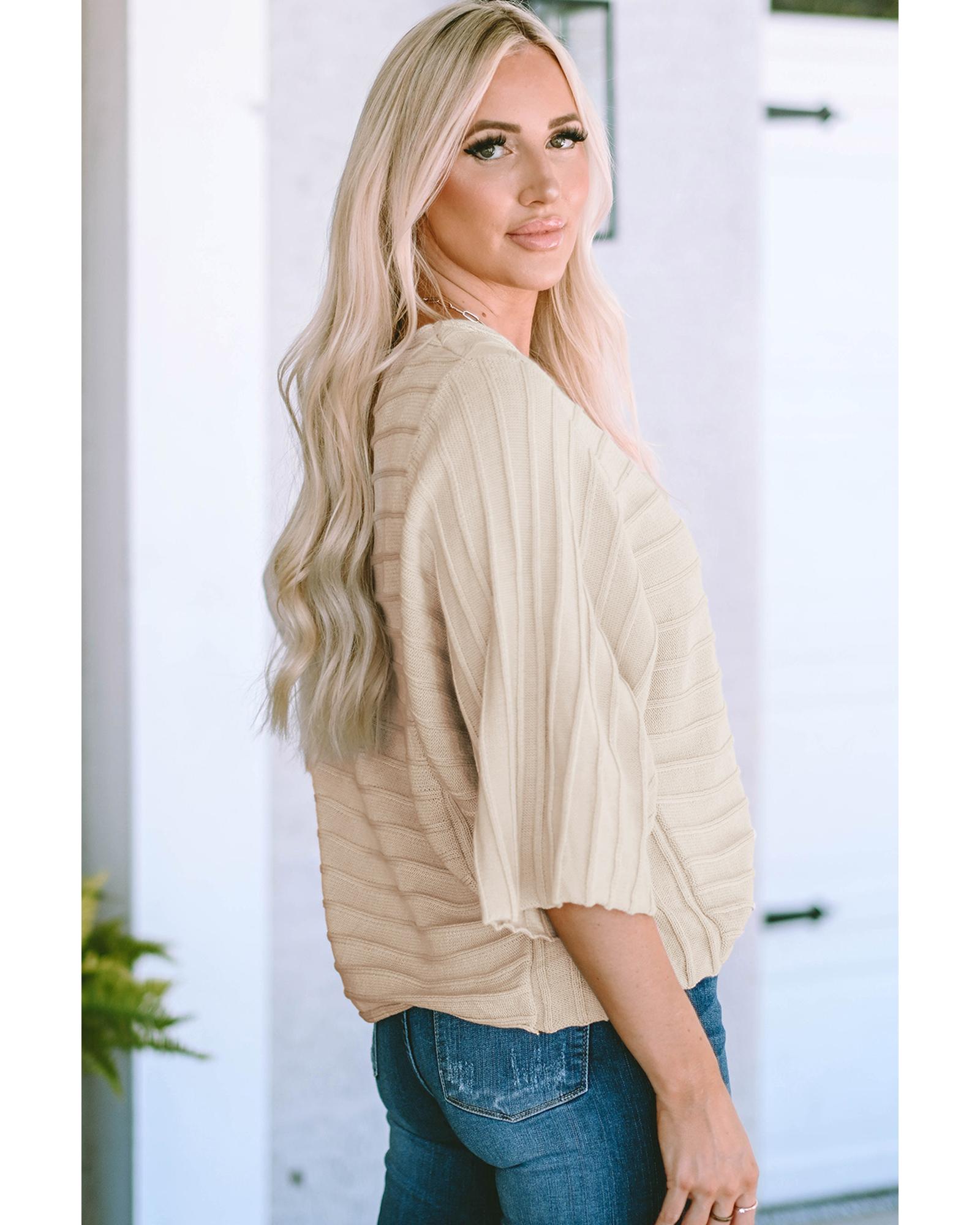 V539-AZEXDC2723218-18-M-202508280350-00 Apricot Exposed Seam Ribbed Knit Dolman Sweater - M - Image 1