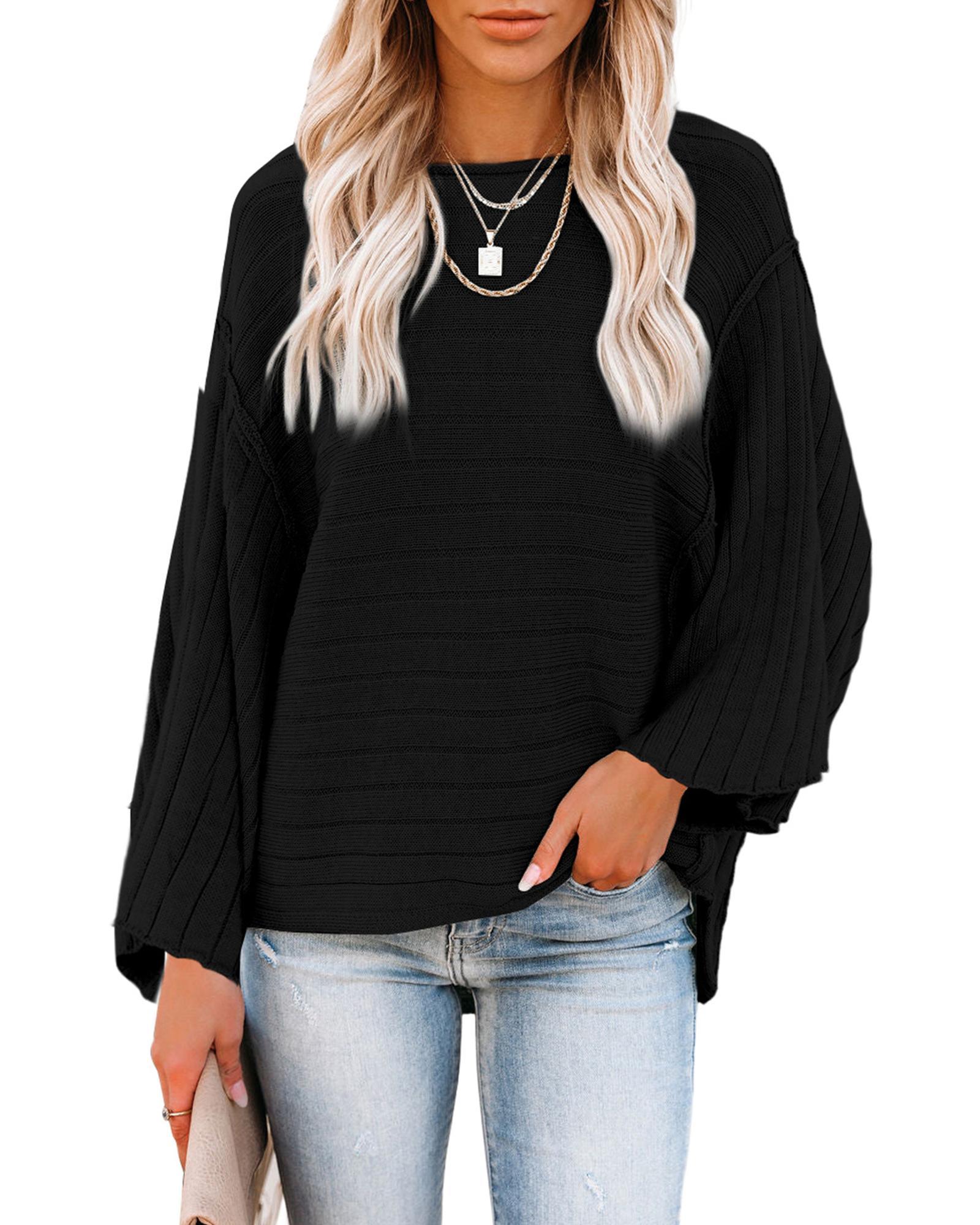 V539-AZEXDC2723218-2-XL-202508281440-00 Black Exposed Seam Ribbed Knit Dolman Top - XL - Image 1