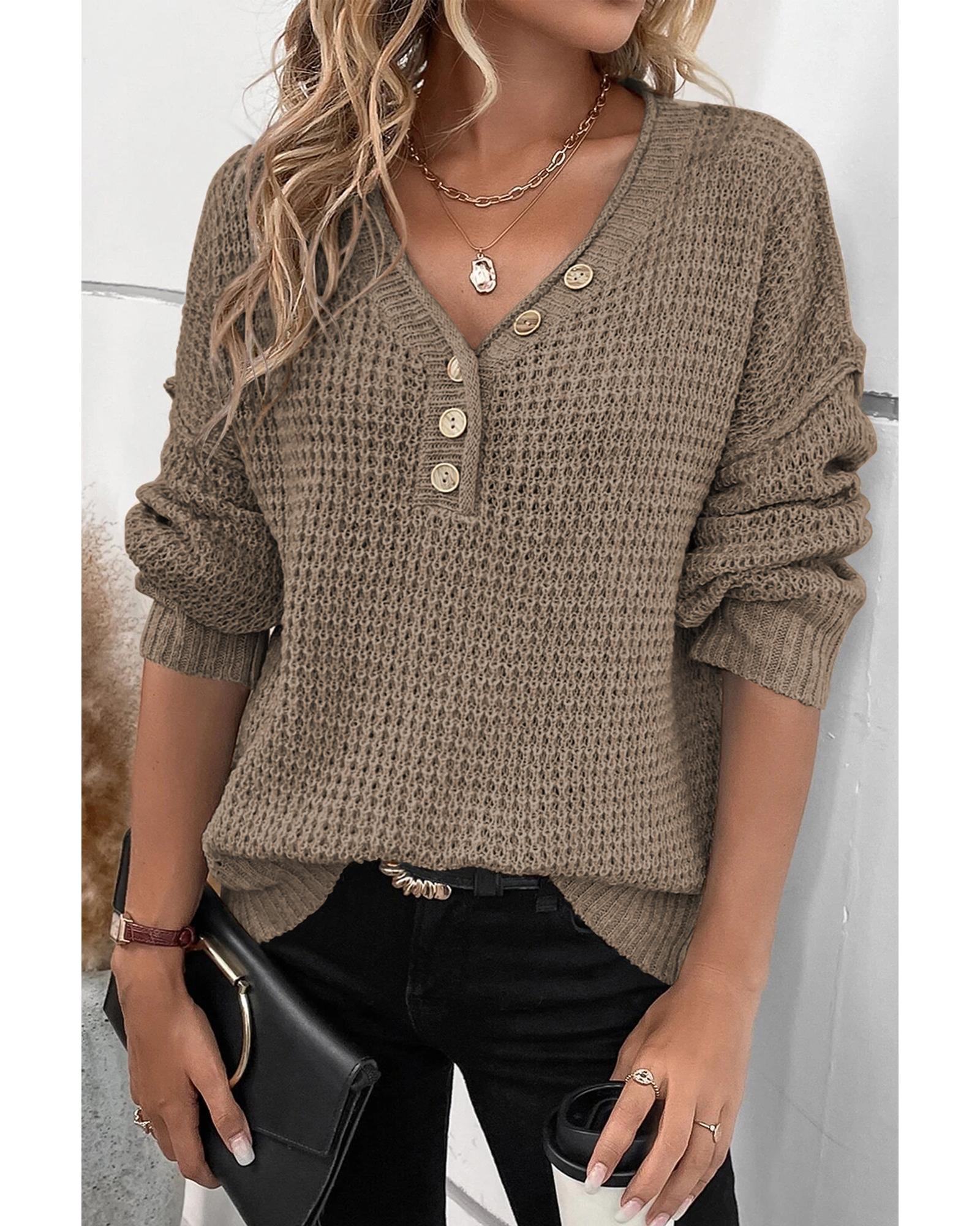 V539-AZEXDC2723379-16-XL-202508291855-00 Khaki Pointelle Knit Button V Neck Drop Shoulder Sweater - XL - Image 1