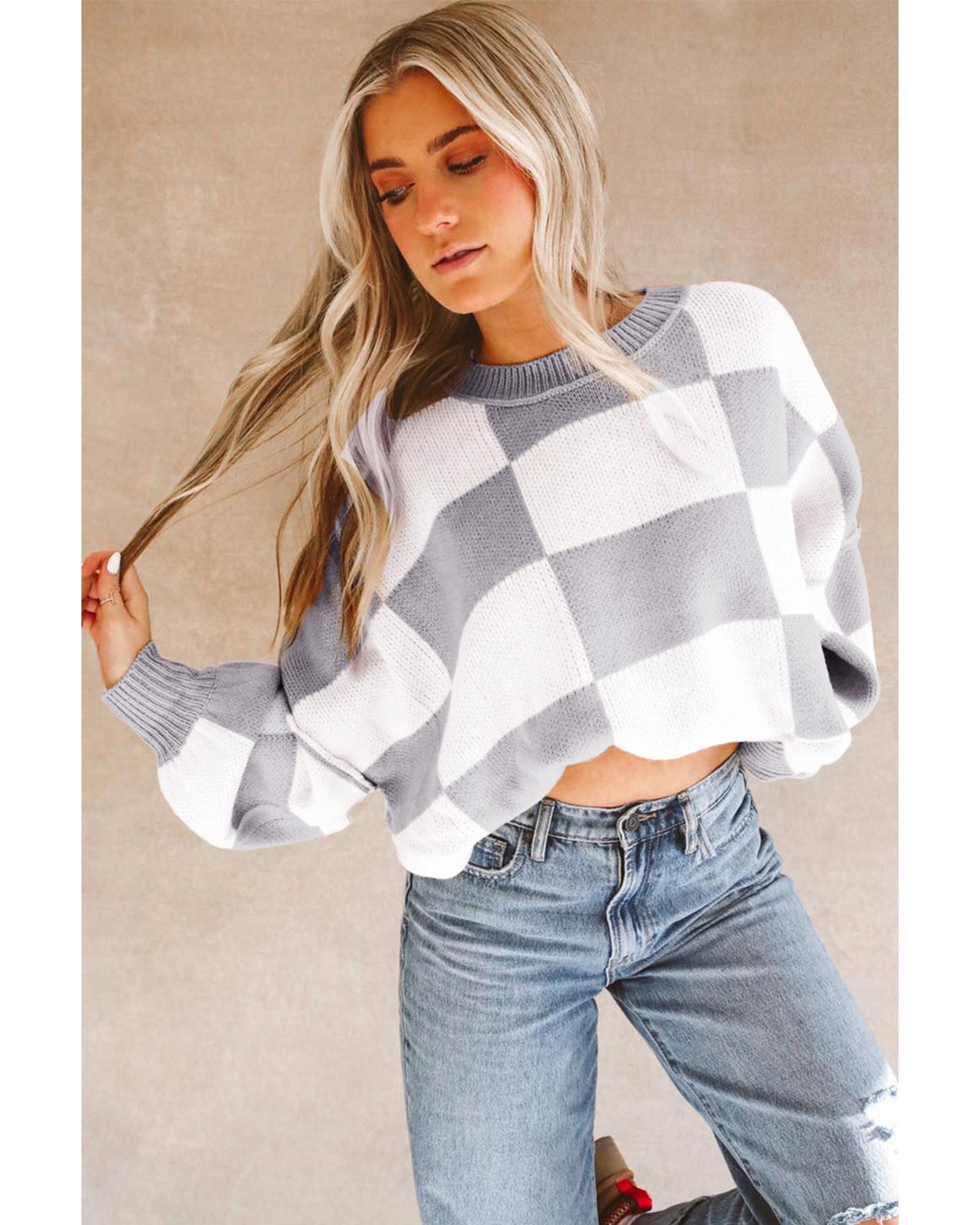 V539-AZEXDC2723492-P1119-XL-202508291420-00 Gray Checkered Bishop Sleeve Sweater - XL - Image 1