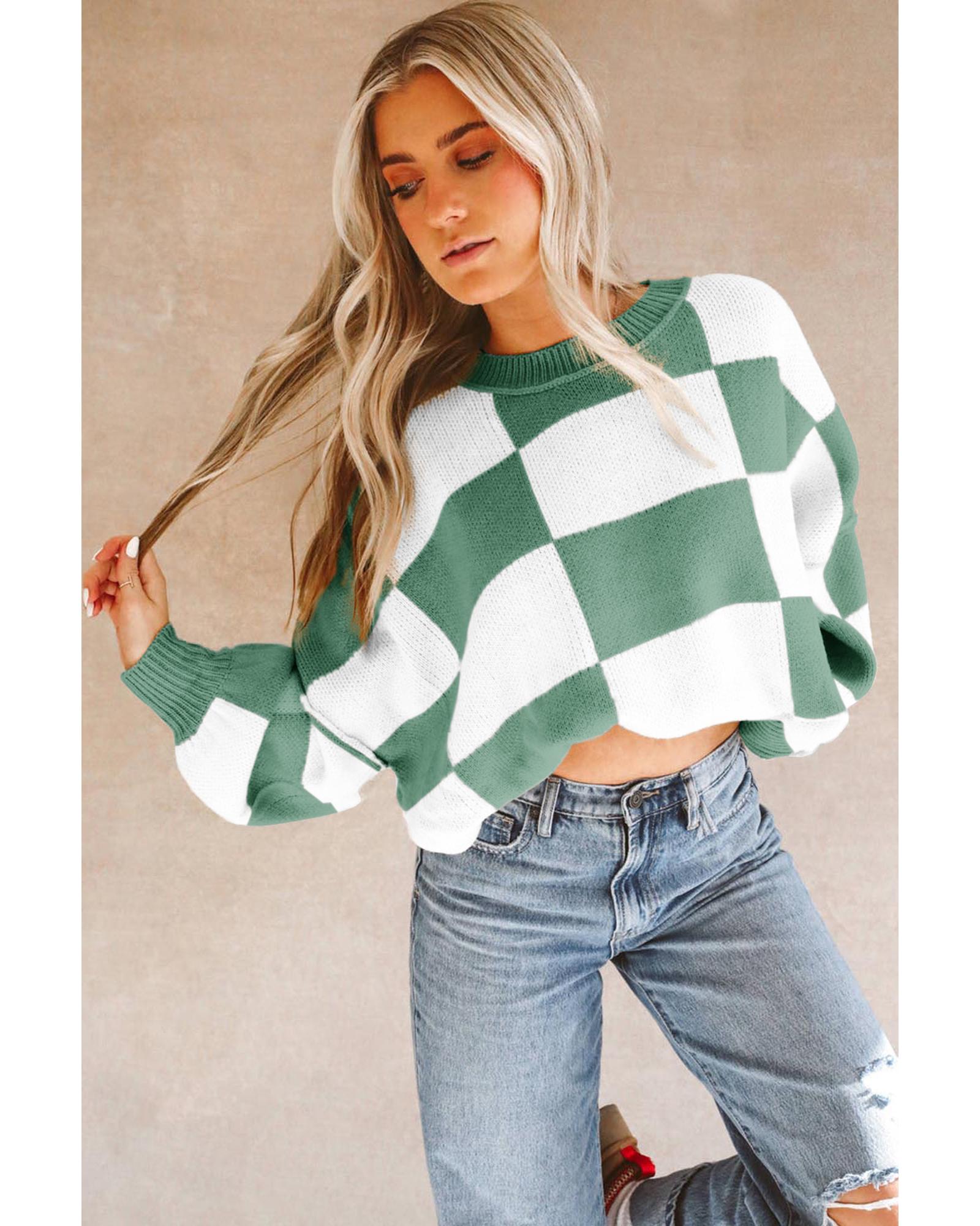 V539-AZEXDC2723492-P919-XL-202508280210-00 Green Checkered Bishop Sleeve Sweater - XL - Image 1