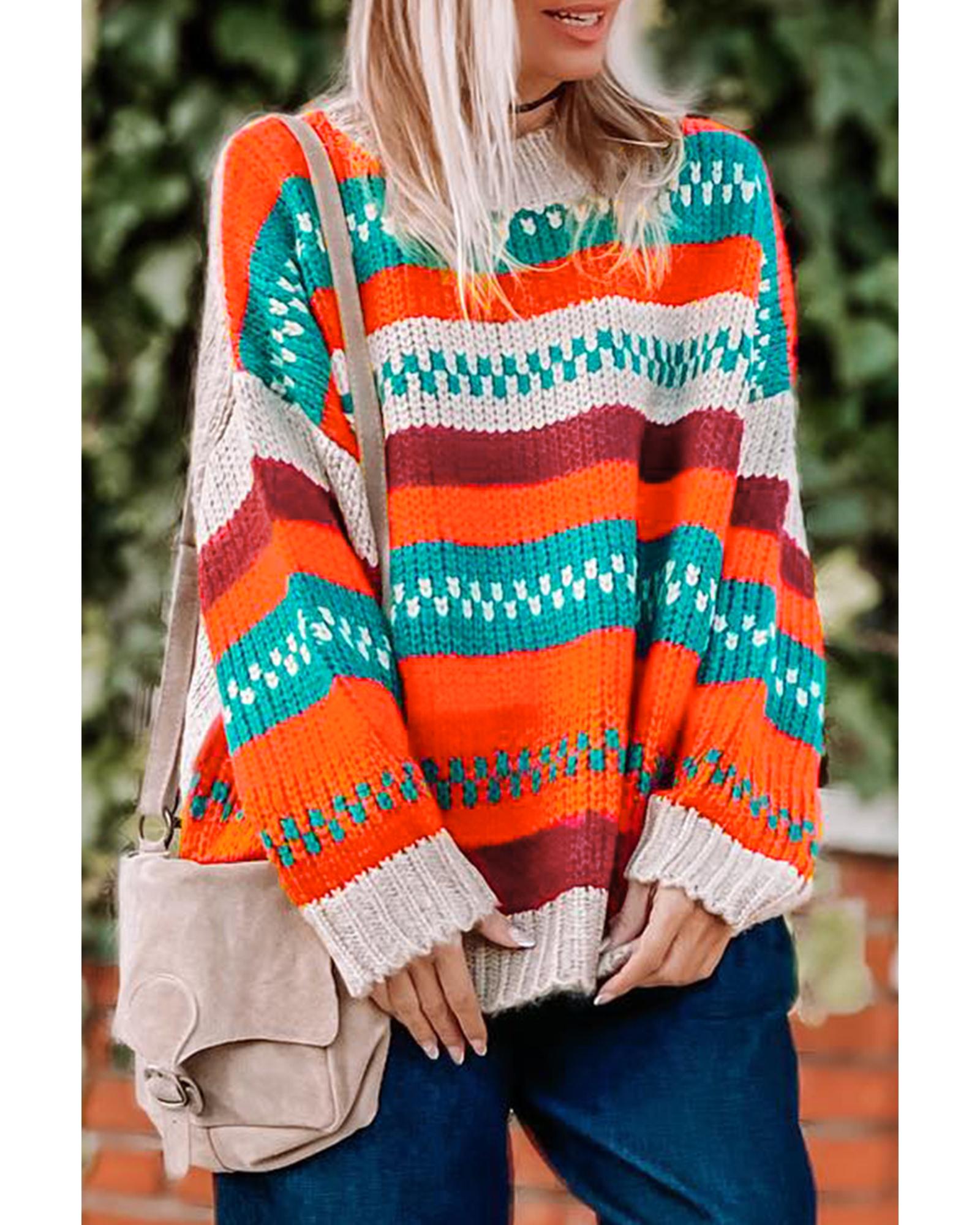 V539-AZEXDC2723618-22-L-202508300015-00 Multicolor Color Block Striped Loose Sleeve Sweater - L - Image 1