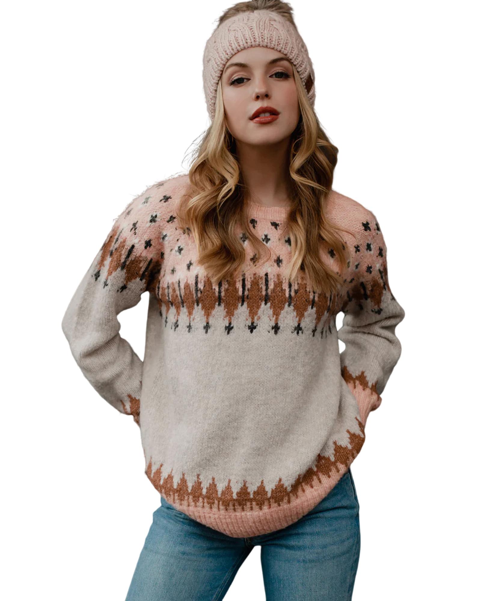 V539-AZEXDC2723642-22-M-202506140042-00 Multicolor Mixed Geometric Detail Raglan Sleeve Sweater - M - Image 1