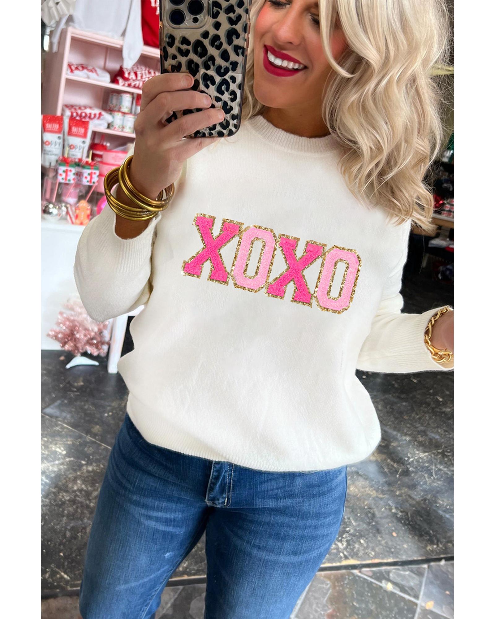 V539-AZEXDC2723655-P122-2XL-202508282340-00 White XOXO Glitter Print Round Neck Casual Sweater - 2XL - Image 1