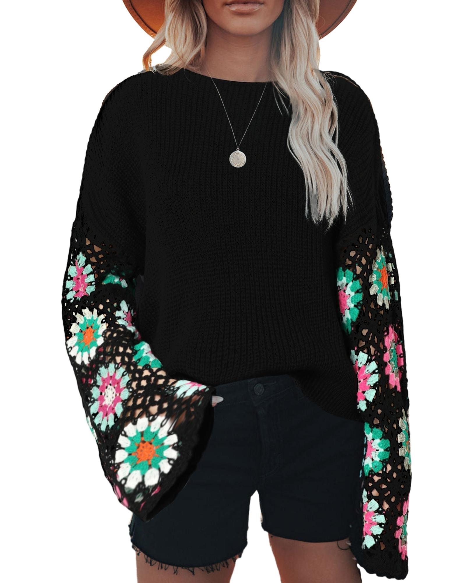 V539-AZEXDC2723676-2-L-202508300100-00 Black Floral Crochet Bell Sleeve Loose Sweater - L - Image 1