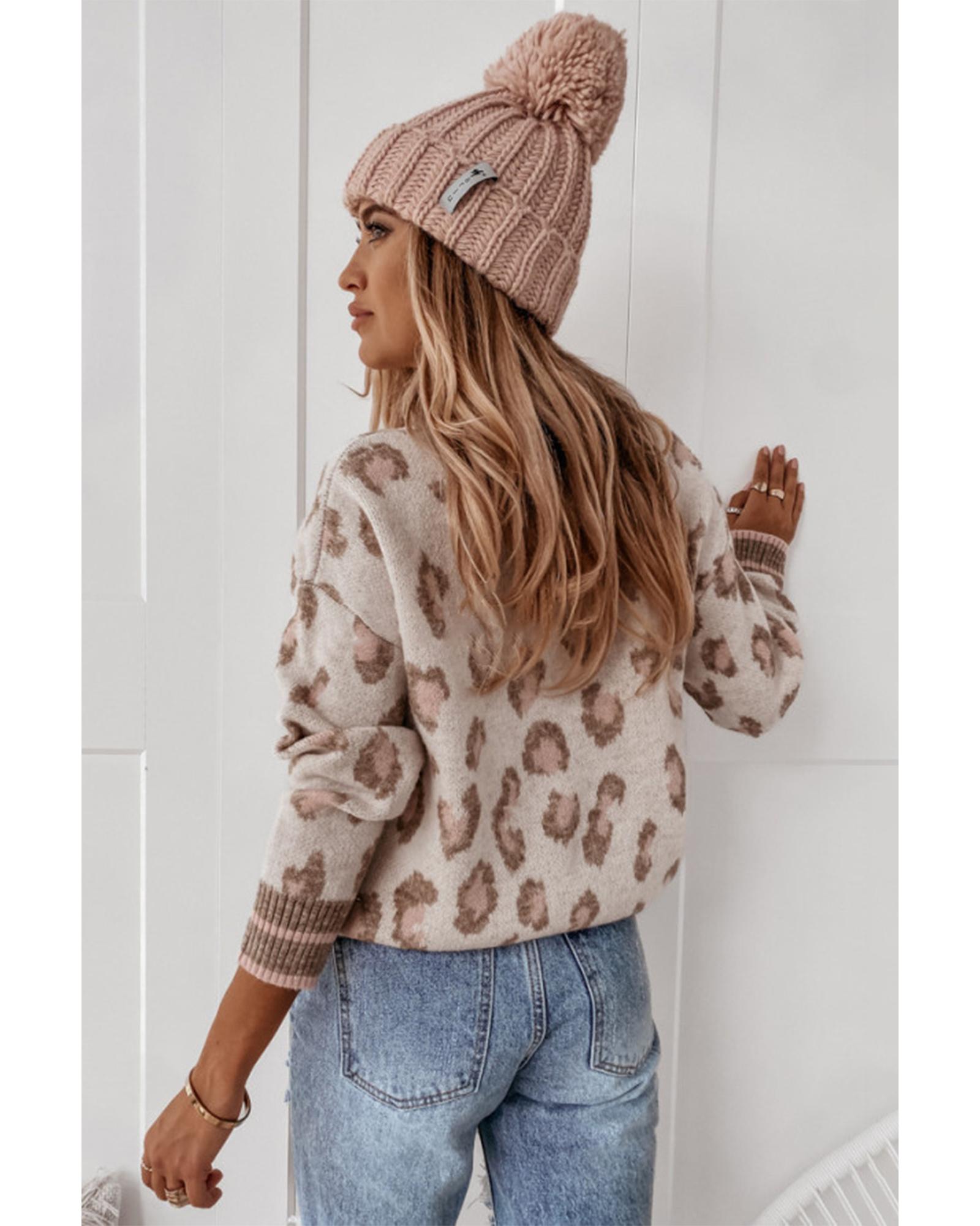 V539-AZEXDC2723742-P17-S-202508281755-00 Brown Two-tone Ribbed Trim Contrast Leopard Sweater - S - Image 1