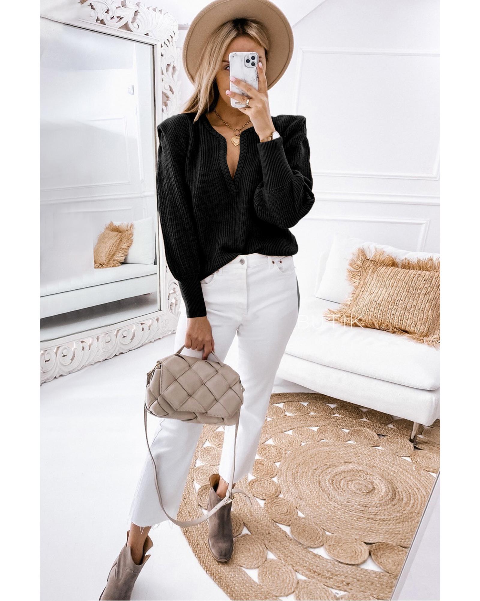 V539-AZEXDC2723743-P2-XL-202508282315-00 Black Braided Notched V Neckline Puff Sleeve Knitted Sweater - XL - Image 1