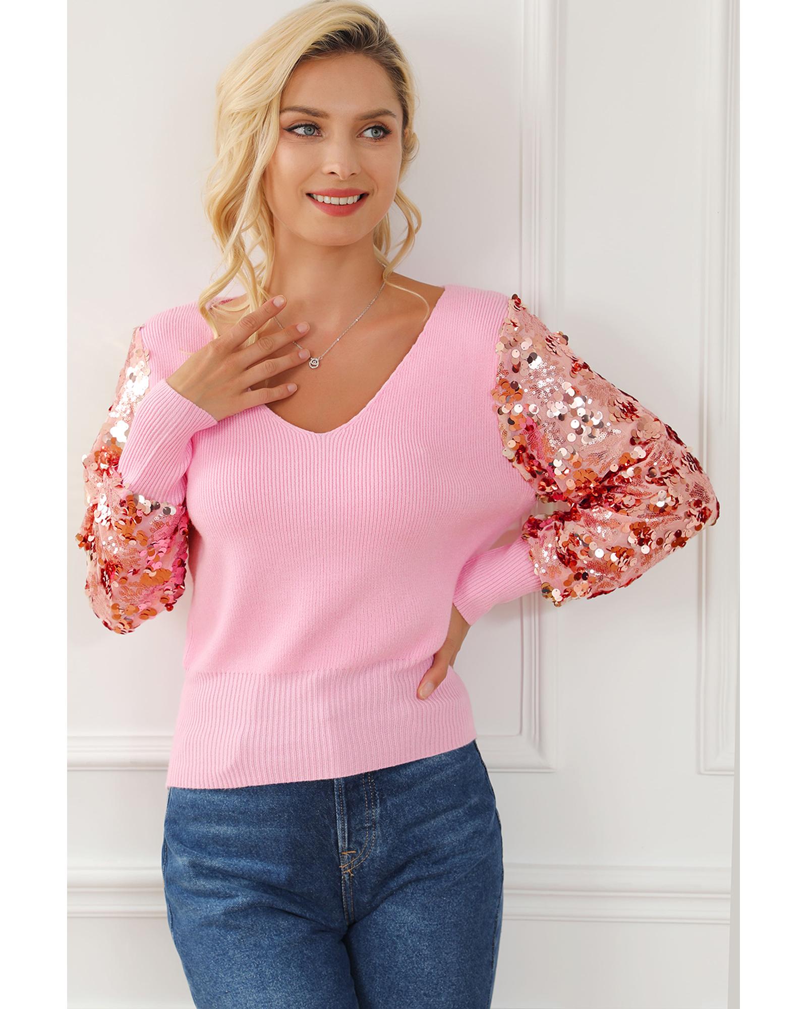 V539-AZEXDC2723805-P10-XL-202508291540-00 Pink Contrast Sequin Sleeve V Neck Ribbed Knit Sweater - XL - Image 1