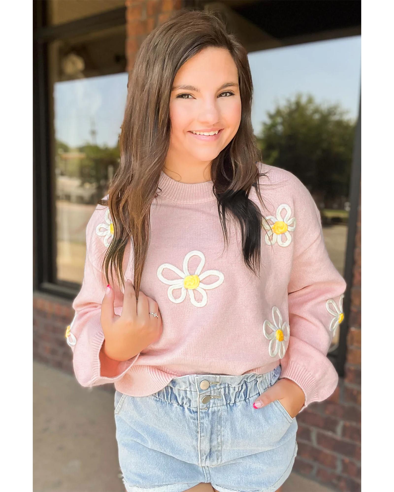 V539-AZEXDC2723852-P10-L-202506140132-00 Pink Chenille Daisy Stitching Crew Neck Sweater - L - Image 1