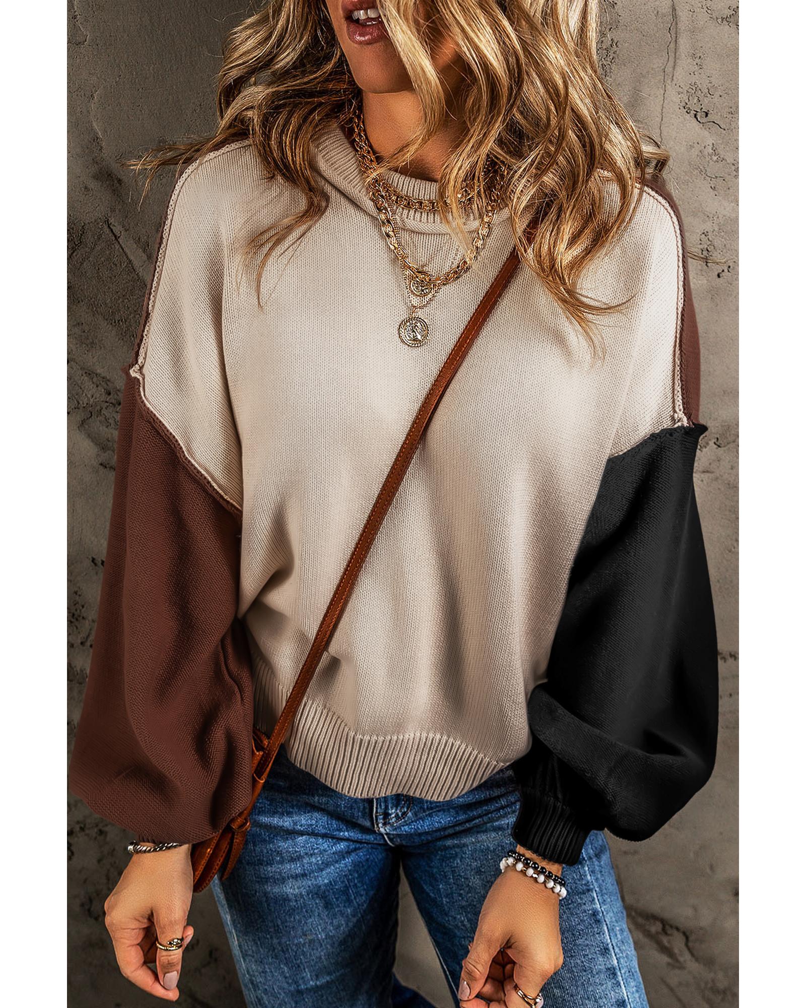 V539-AZEXDC2723854-P1017-L-202506140135-00 Coffee Colorblock Bishop Sleeve Ribbed Trim Sweater - L - Image 1