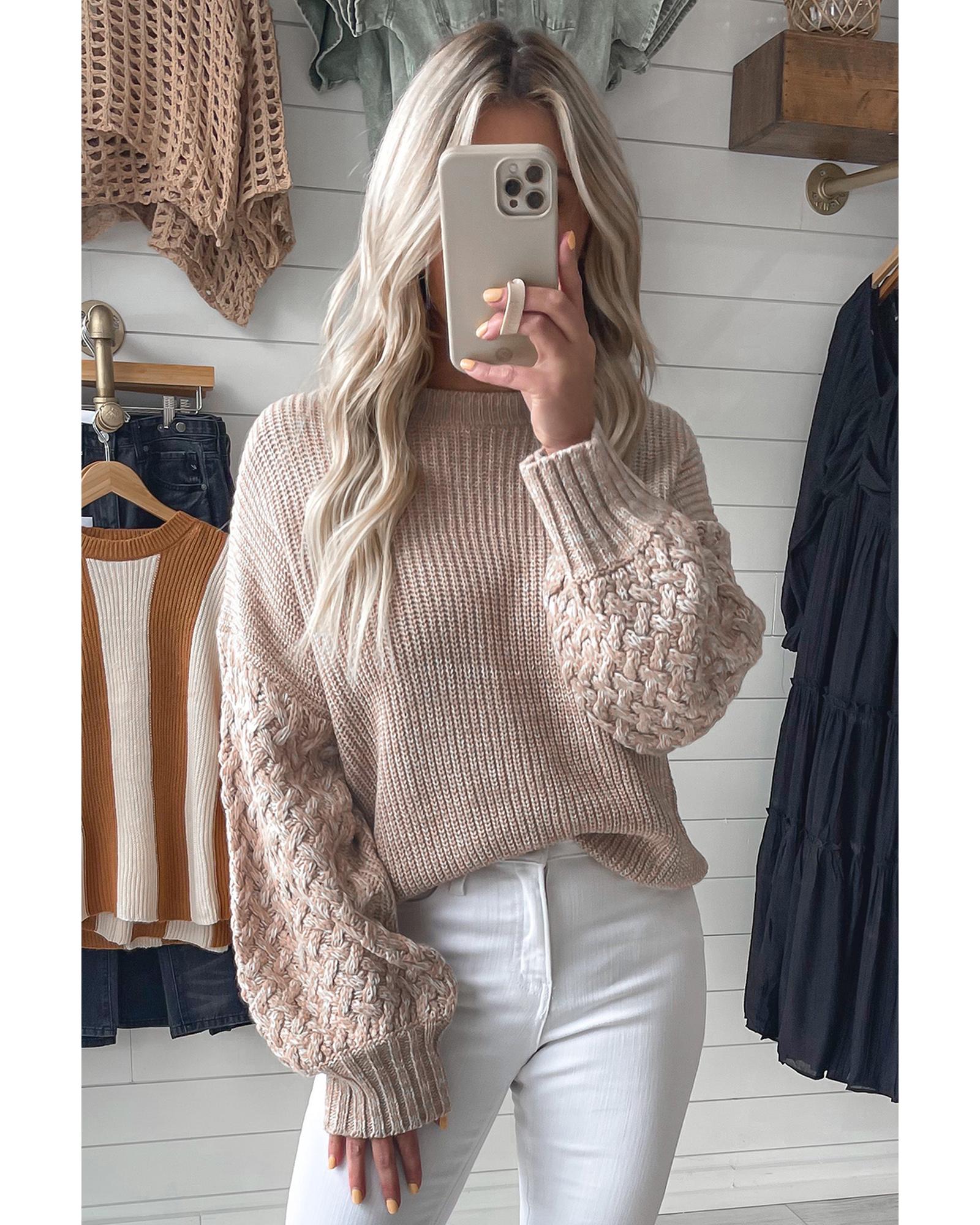 V539-AZEXDC2723882-P6016-S-202506140146-00 Parchment Cable Knit Sleeve Drop Shoulder Sweater - S - Image 1