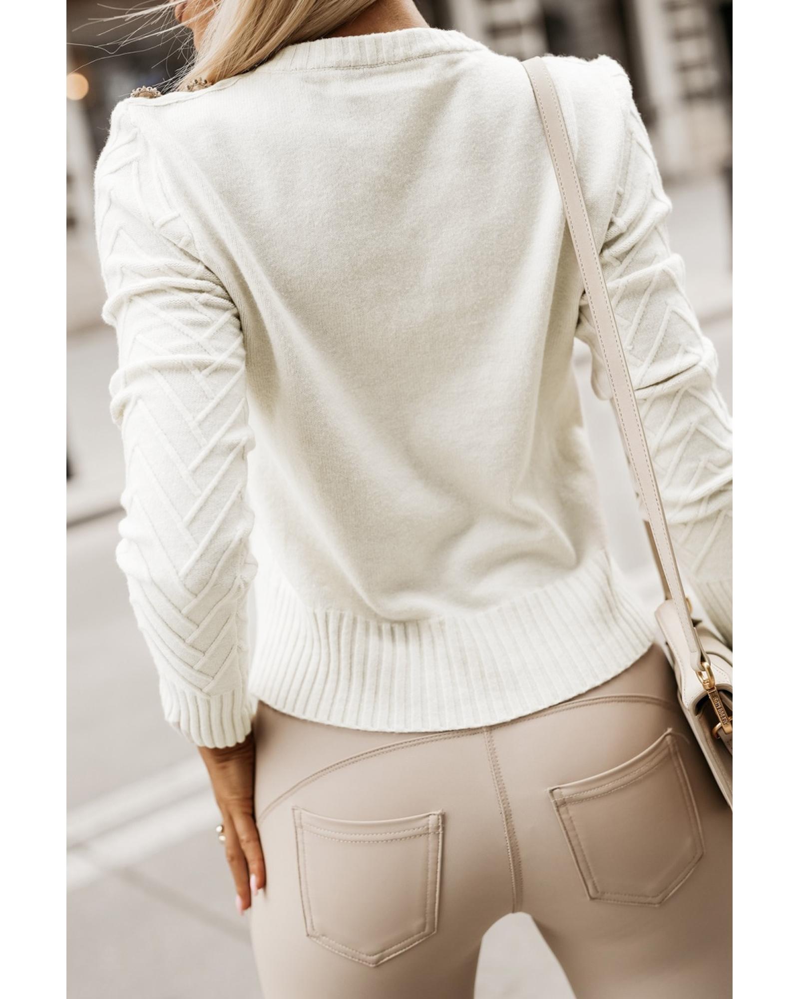 V539-AZEXDC2724138-P101-M-202508300110-00 White Textured Knit Button Decor Pullover Sweater - M - Image 1