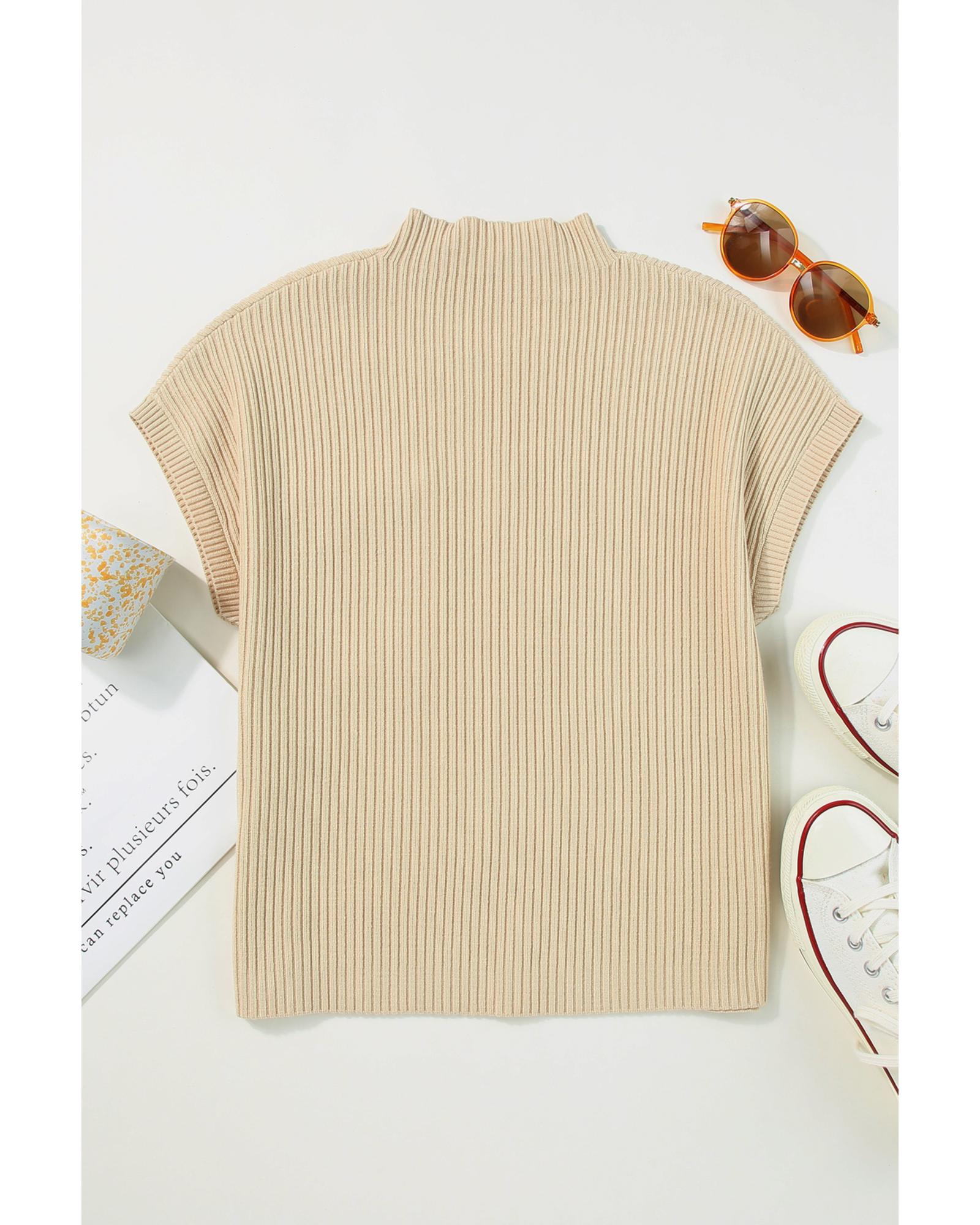 V539-AZEXDC2724250-P1015-L-202508291315-00 Oatmeal Patch Pocket Ribbed Knit Short Sleeve Sweater - L - Image 1