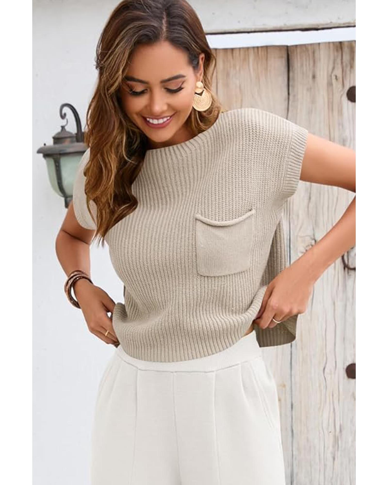 V539-AZEXDC2724251-P5016-XL-202508280120-00 Pale Khaki Patch Pocket Short Sleeve Sweater - XL - Image 1