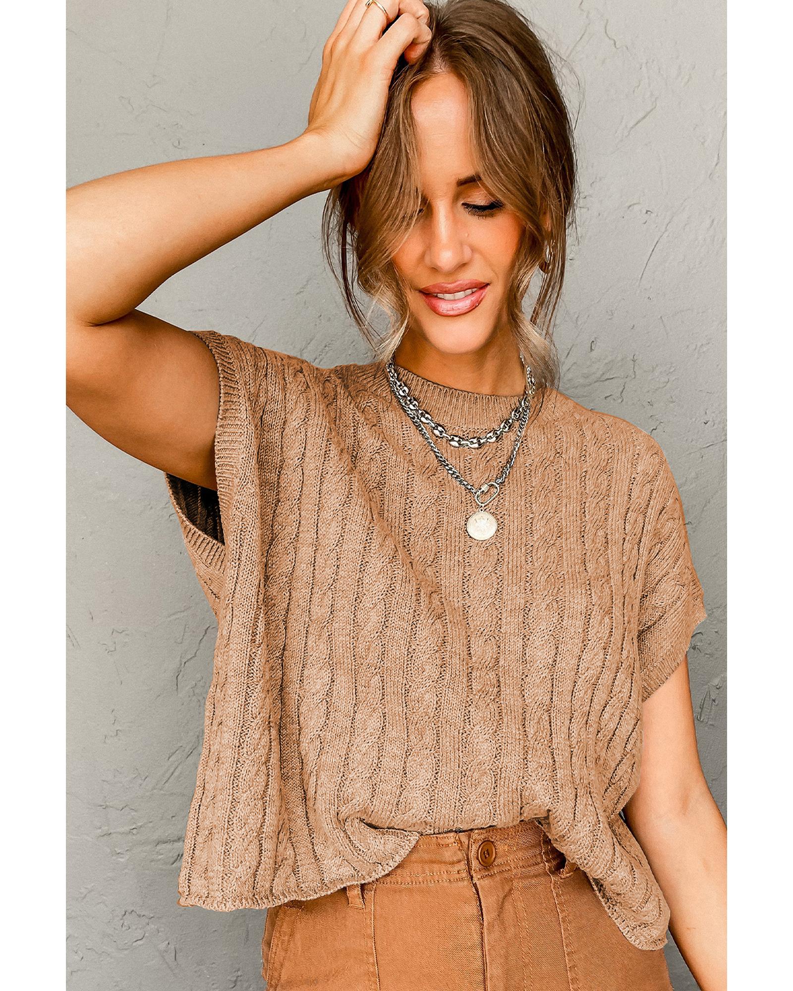 V539-AZEXDC2724323-P4016-L-202506132325-00 Light French Beige Crew Neck Cable Knit Short Sleeve Sweater - L - Image 1