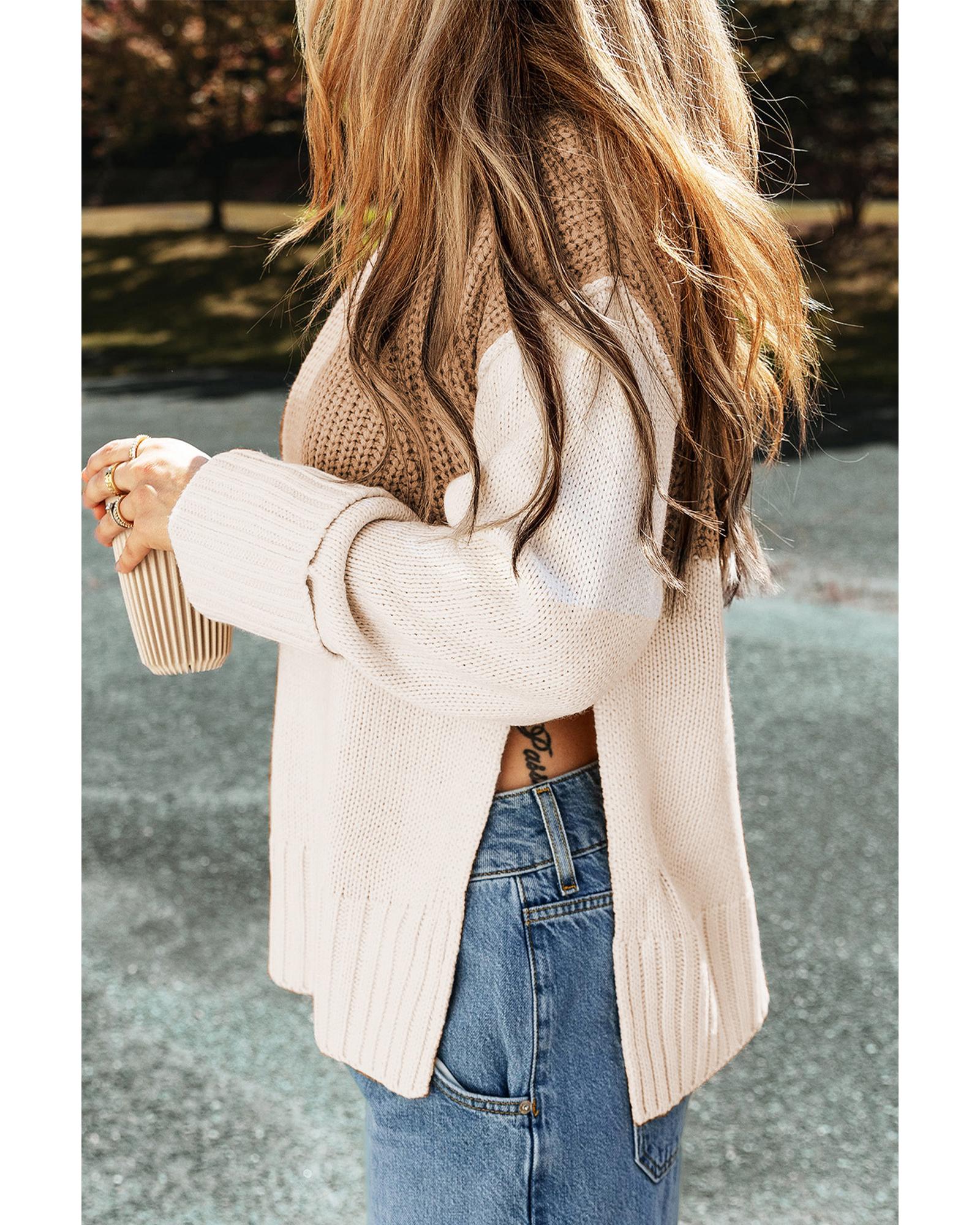 V539-AZEXDC2724390-P6016-M-202506132331-00 Parchment Cable Knit Color Block Side Splits High Neck Sweater - M - Image 1