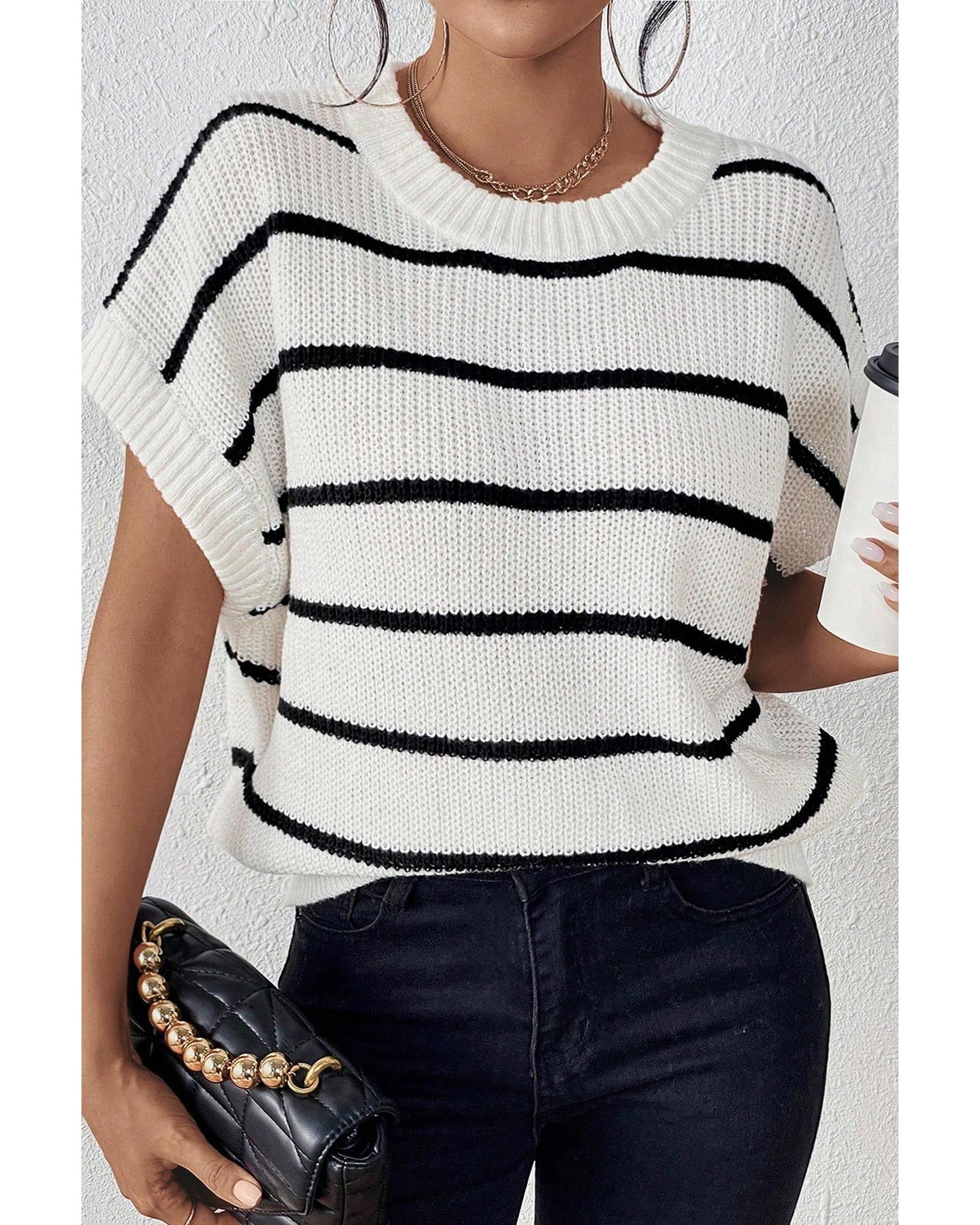 V539-AZEXDC2724402-P119-XL-202508280240-00 White Stripe Striped Pattern Batwing Sleeve Sweater - XL - Image 1