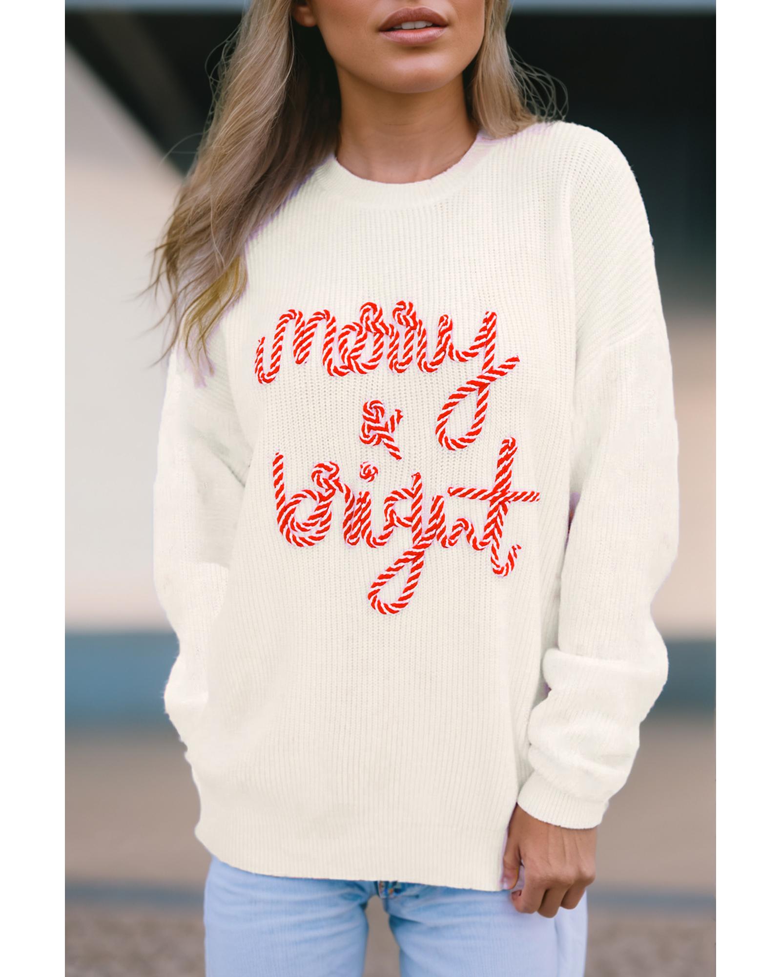 V539-AZEXDC2724446-P1-XL-202508290120-00 White Striped Merry Bright Letter Christmas Sweater - XL - Image 1