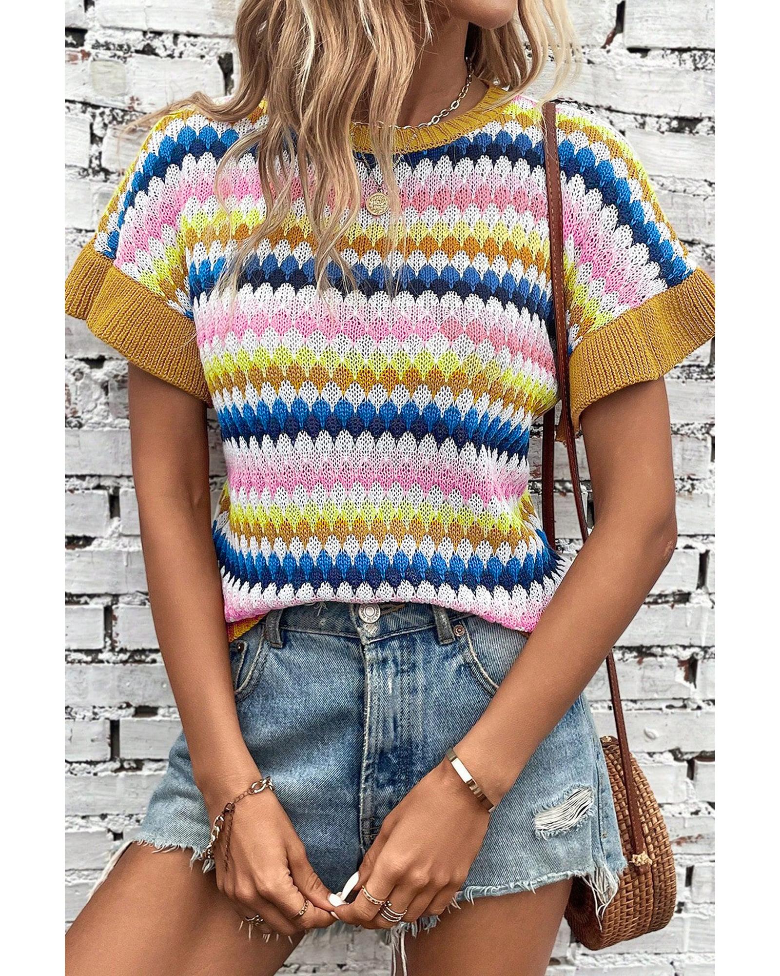 V539-AZEXDC2724522-P1622-L-202508281535-00 Khaki Trimmed Ruffle Sleeve Colorful Textured Sweater - L - Image 1