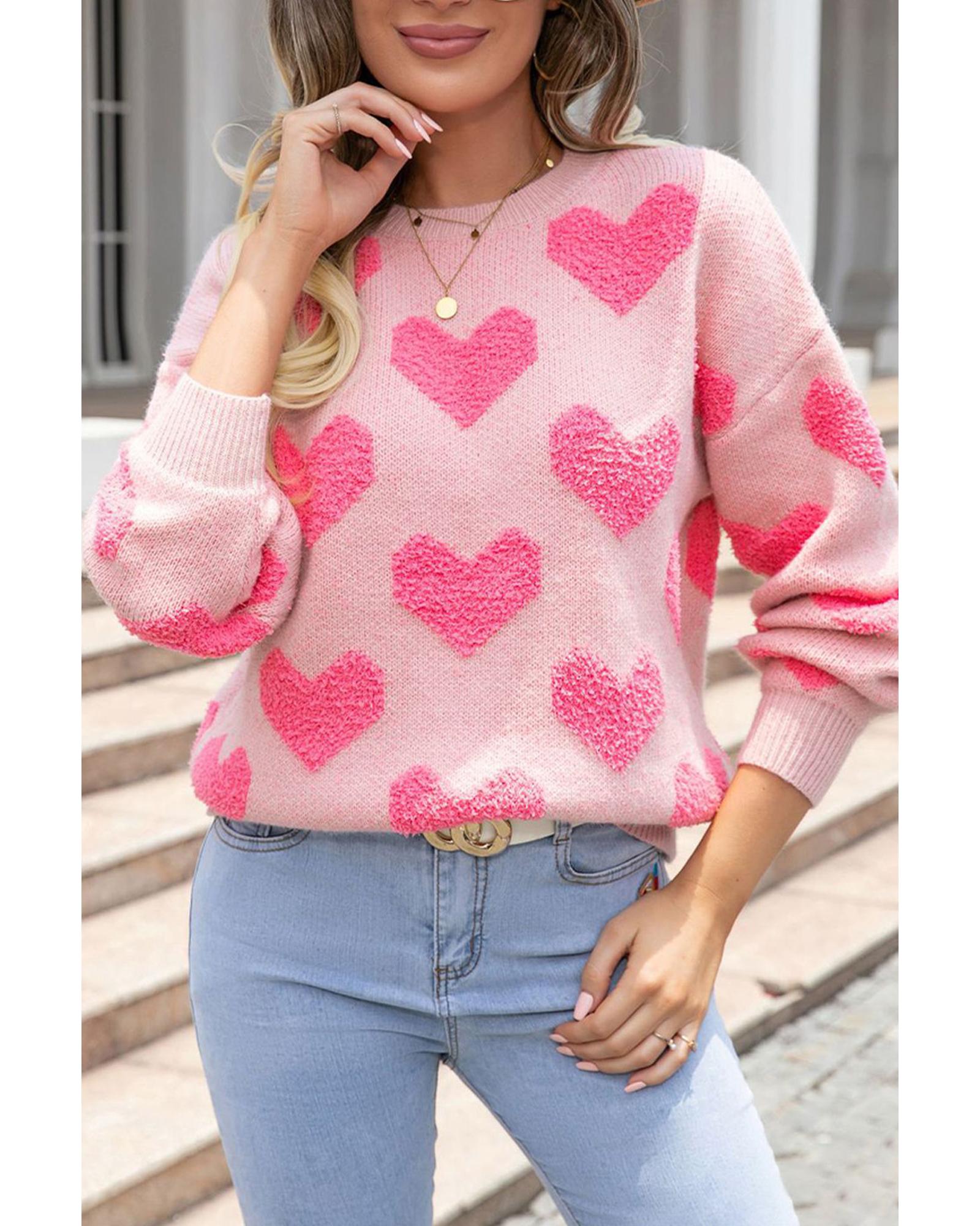 V539-AZEXDC2724596-P1010-S-202508280100-00 Light Pink Valentine�s Day Heart Jacquard Knit Sweater - S - Image 1