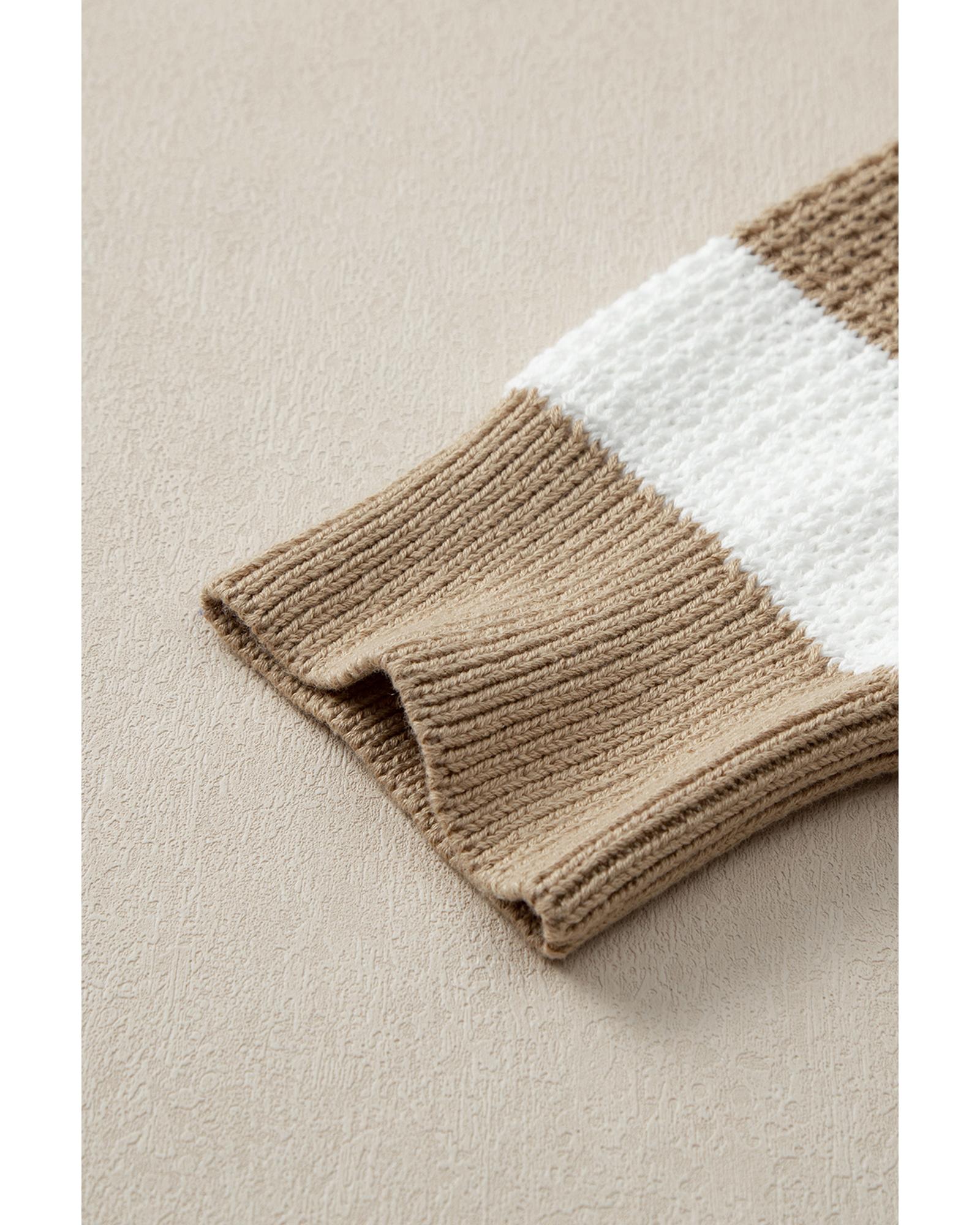 V539-AZEXDC2724668-P4016-XL-202506140112-00 Light French Beige Colorblock Striped Drop Shoulder Side Slit Sweater - XL - Image 1